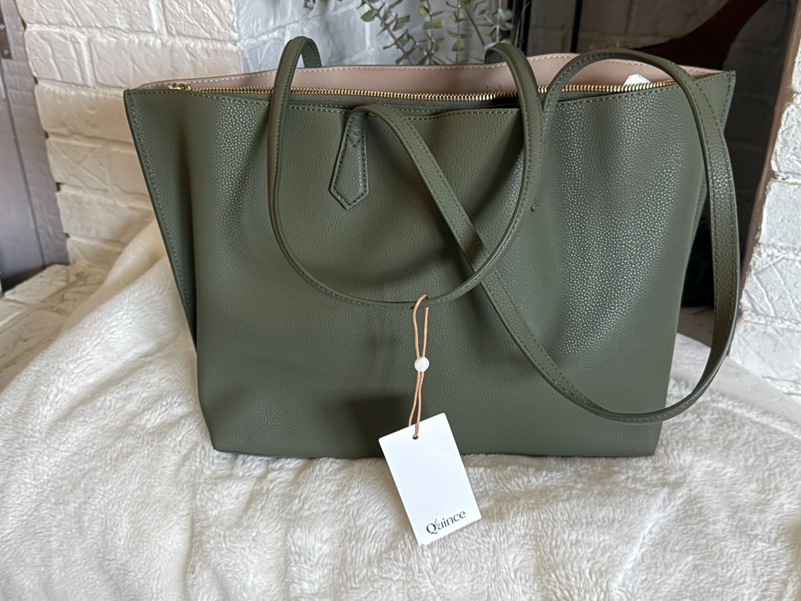 Quince Italian Leather Triple Compartment Shopper Tote Olive NWT