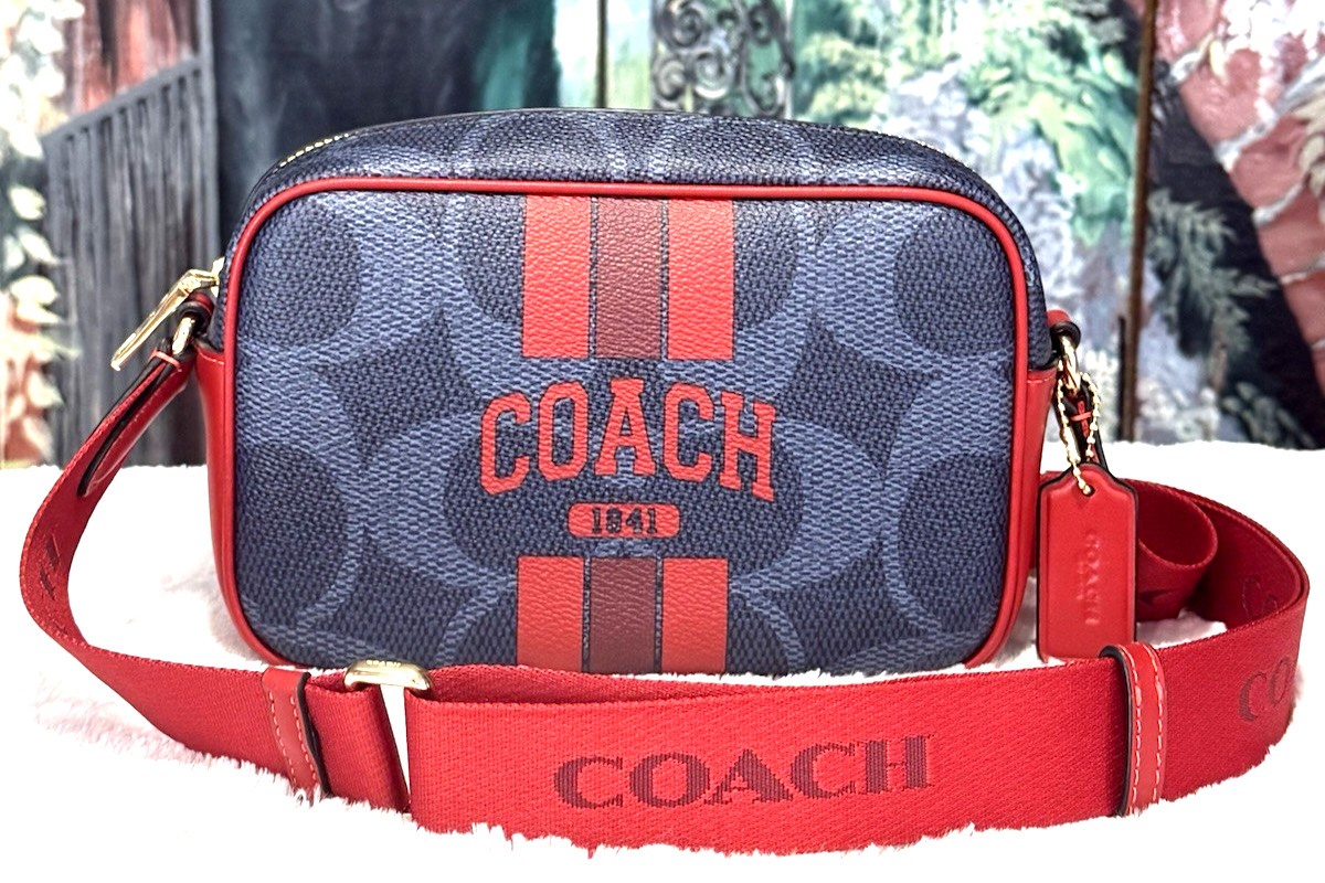 NWT COACH MINI JAMIE CAMERA CBM36 X-Body Bag Sig Varsity Stripe DENIM / BOLD RED