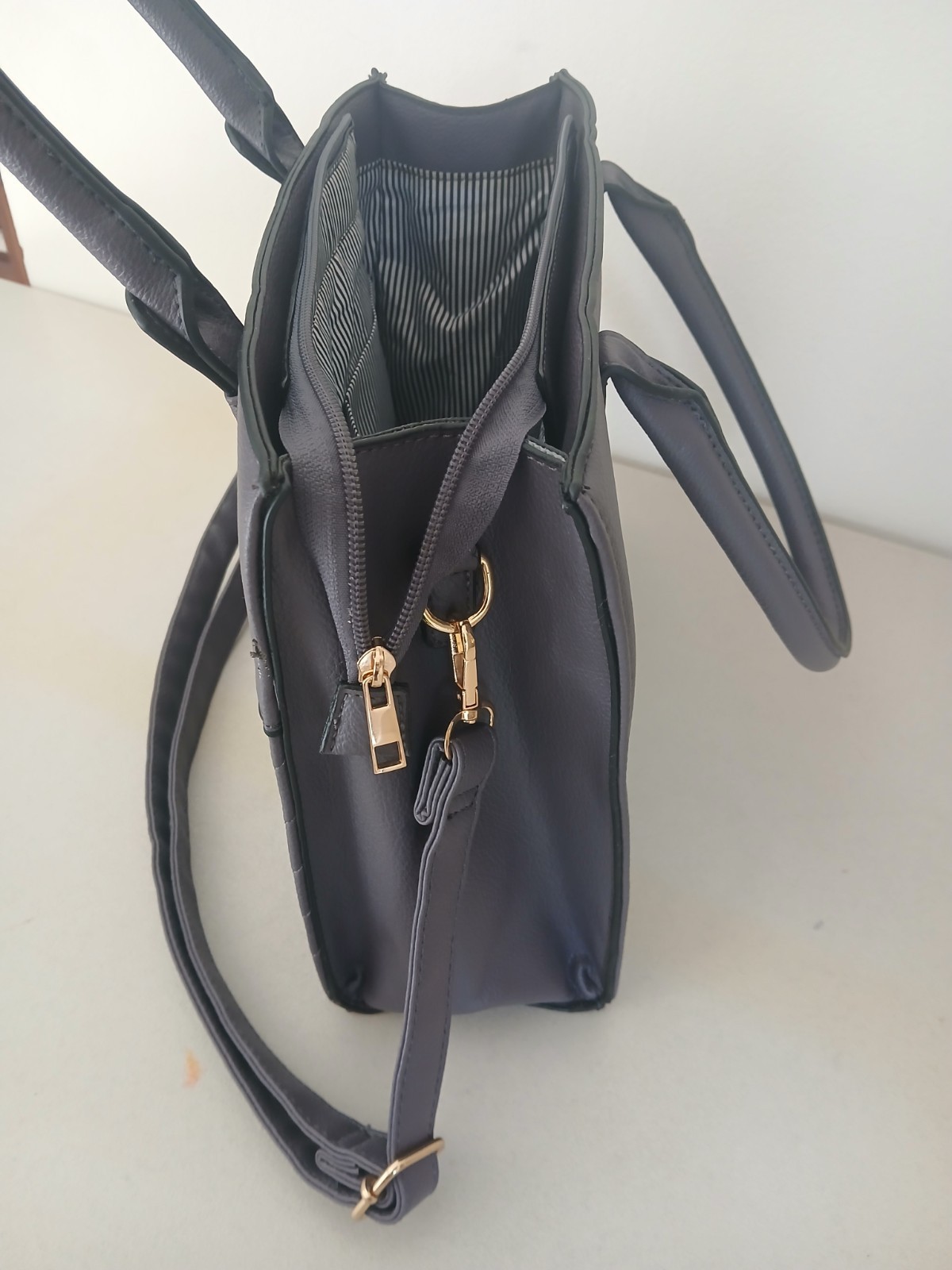 Gray Quilted Satchel Top Handle Bag Zip Closure Detachable Strap Gold Hardware