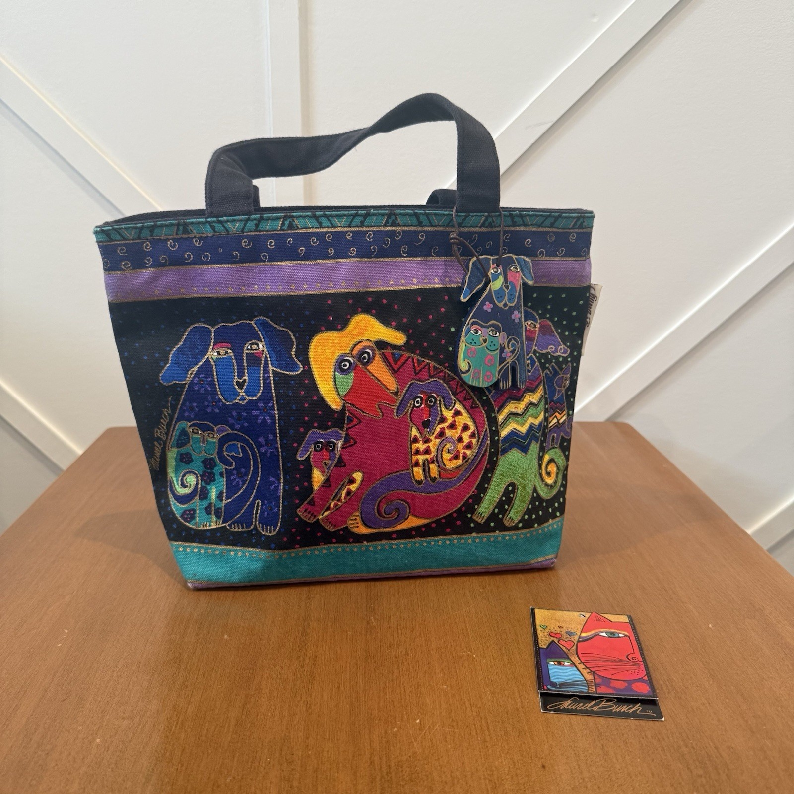 Vtg LAUREL BURCH Dog & Doggies Canvas Tote Bag Purse Whimsical Colorful Charm