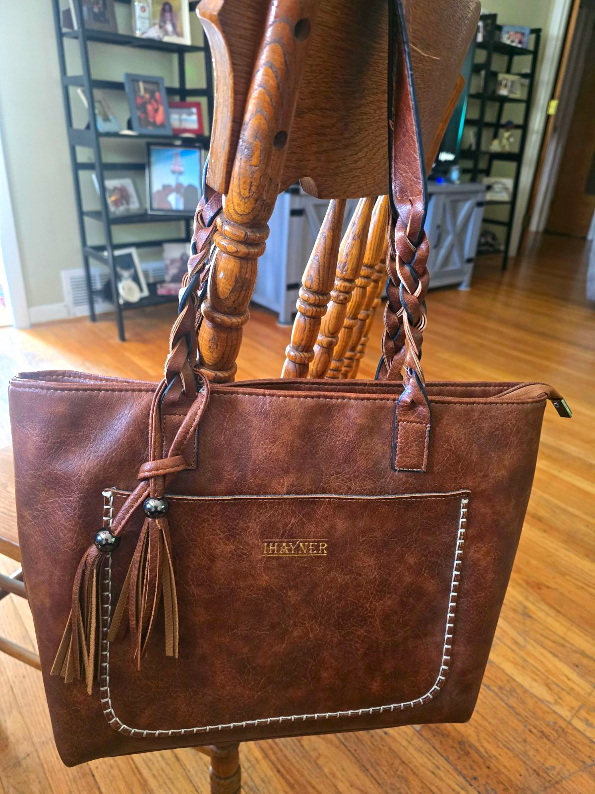 Ihayner Brown Tote Bag Braided Double Handles Tassel Zip Closure Pockets
