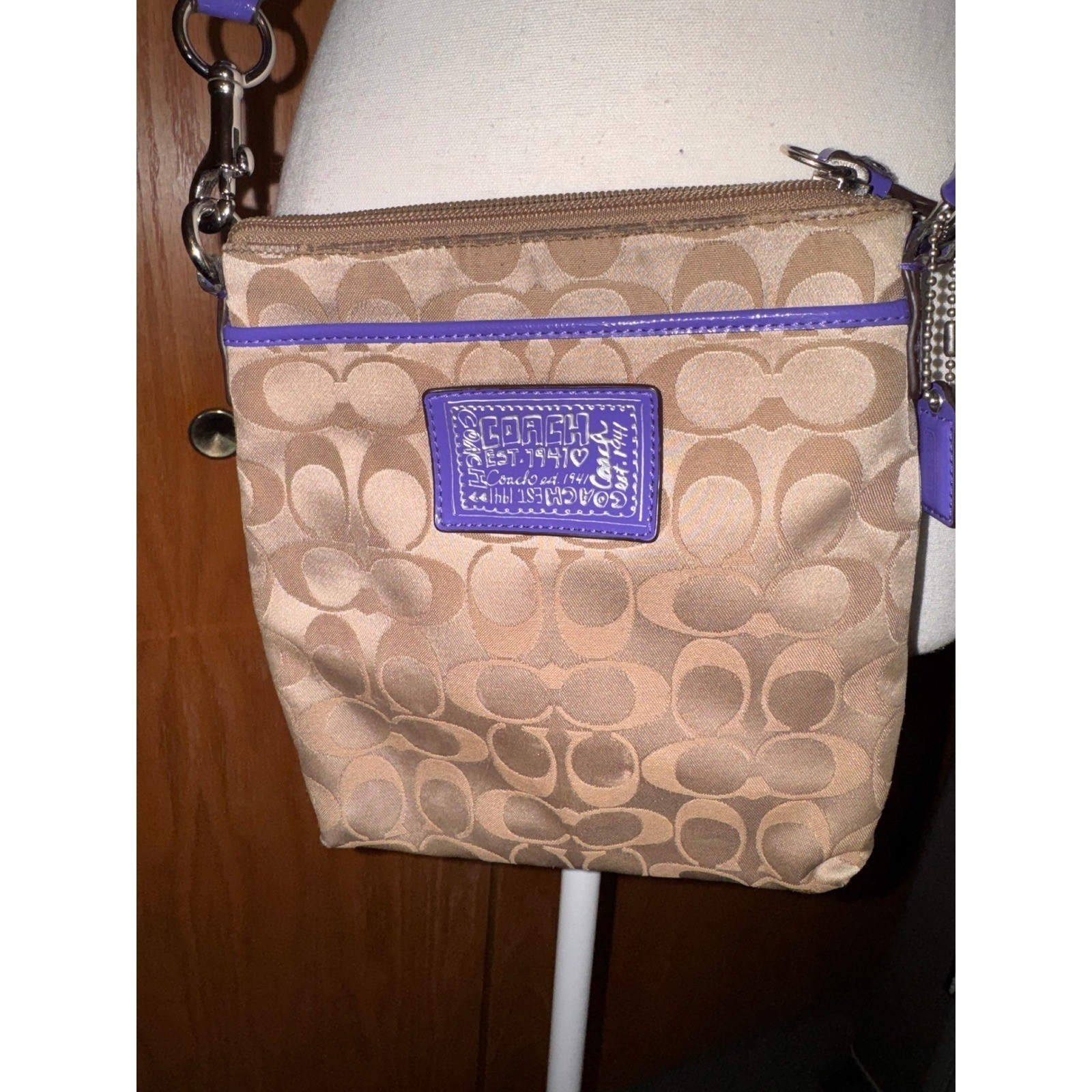 Coach Poppy Crossbody Bag Khaki Signature Canvas Purple Trim Vintage 44537