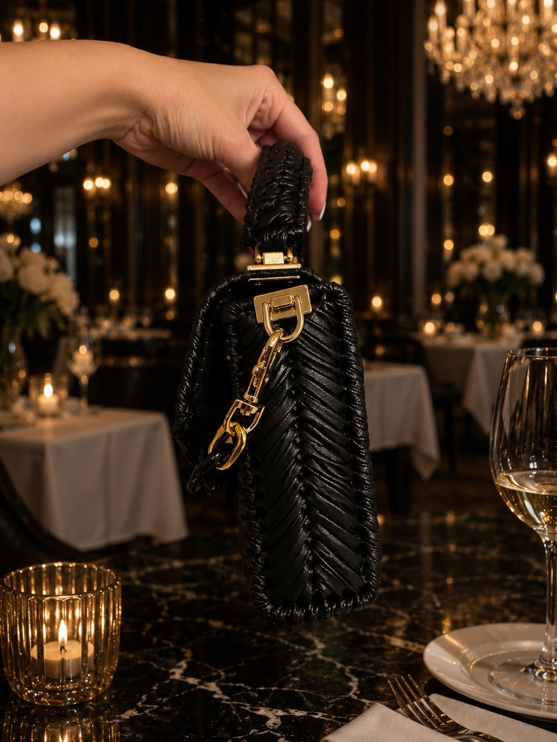 Сумки Handmade Black Woven Handbag with Chain Strap – Elegant Crossbody Purse