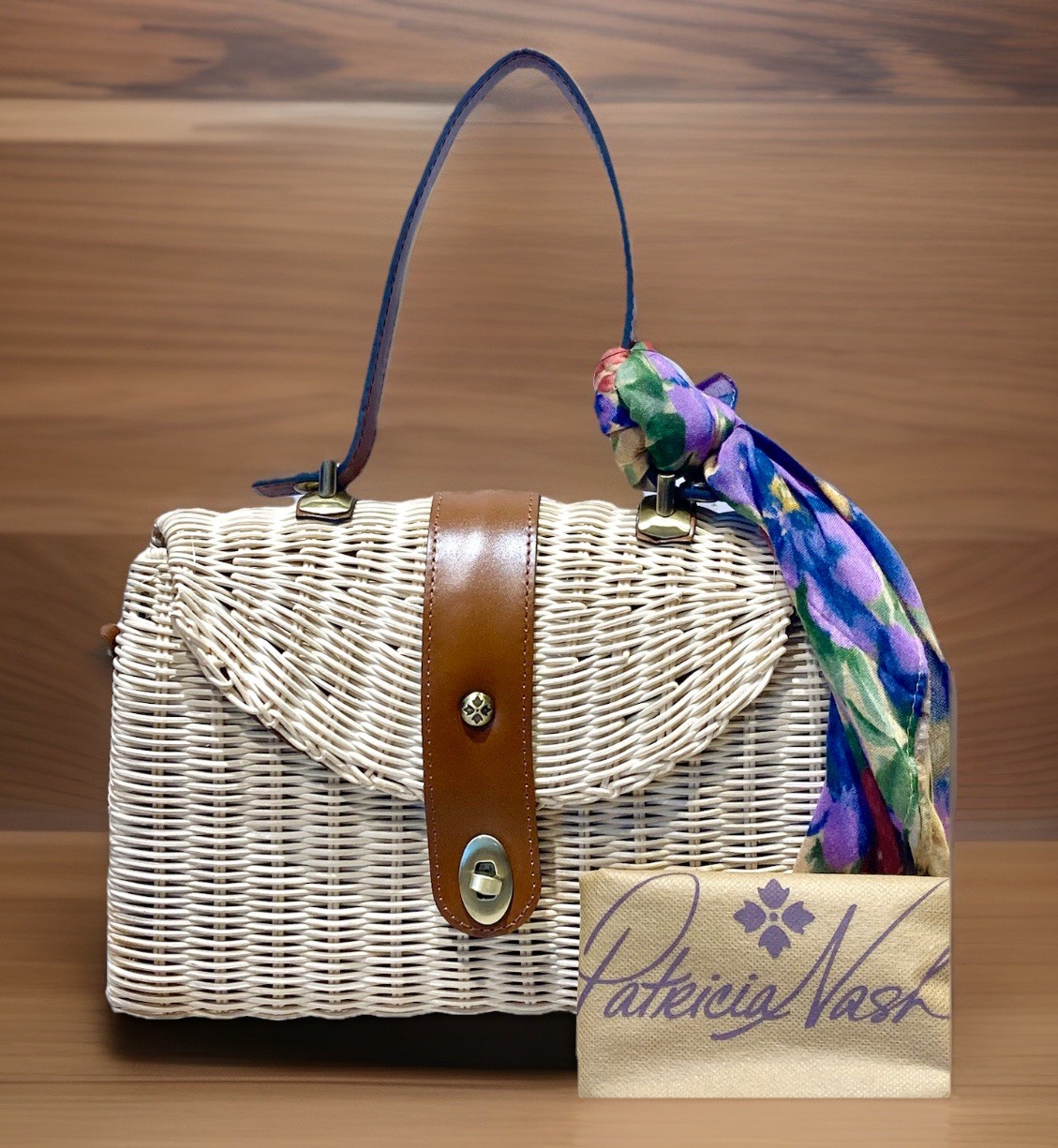 Patricia Nash Caselle Basket Bag NWT Woven Rattan Leather Purse Scarf Dust Bag