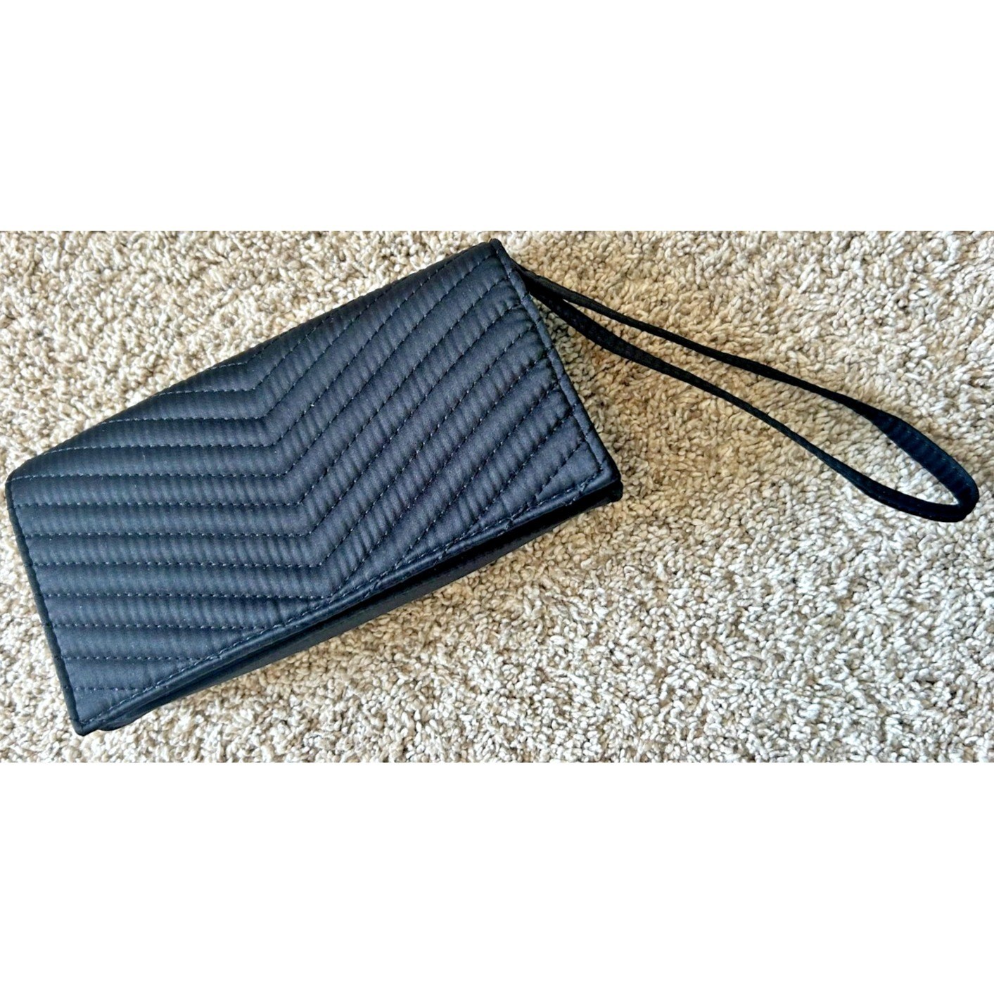 Neiman Marcus Black Satin Chevron Quilted Wristlet Clutch Evening Bag