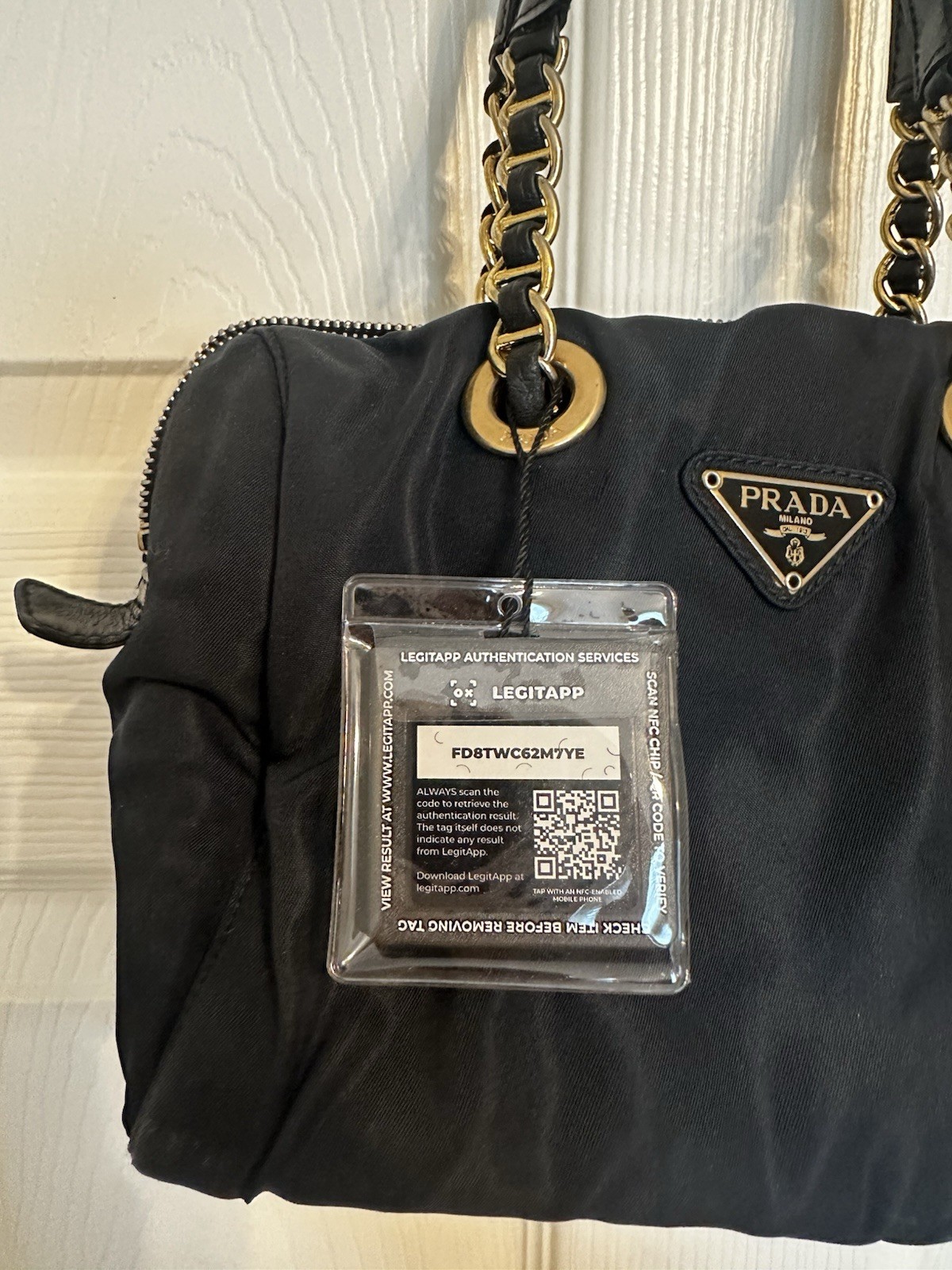 PRADA Black Satchel Bag Gold Hardware Chain Accent Double Handles Zip, Pockets