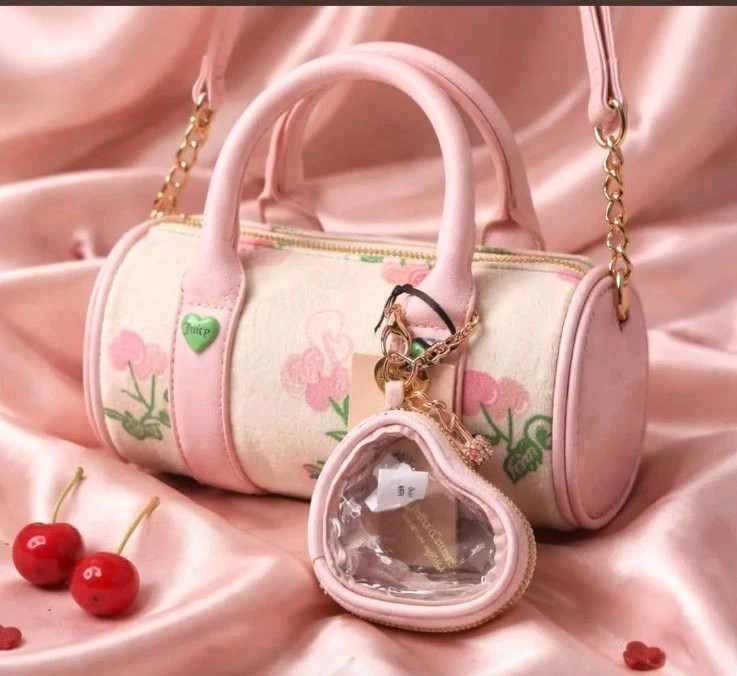 Juicy Couture Retro Style Cherry Mini Barrel Bag, Cream Multi Pink/ Pink Straps