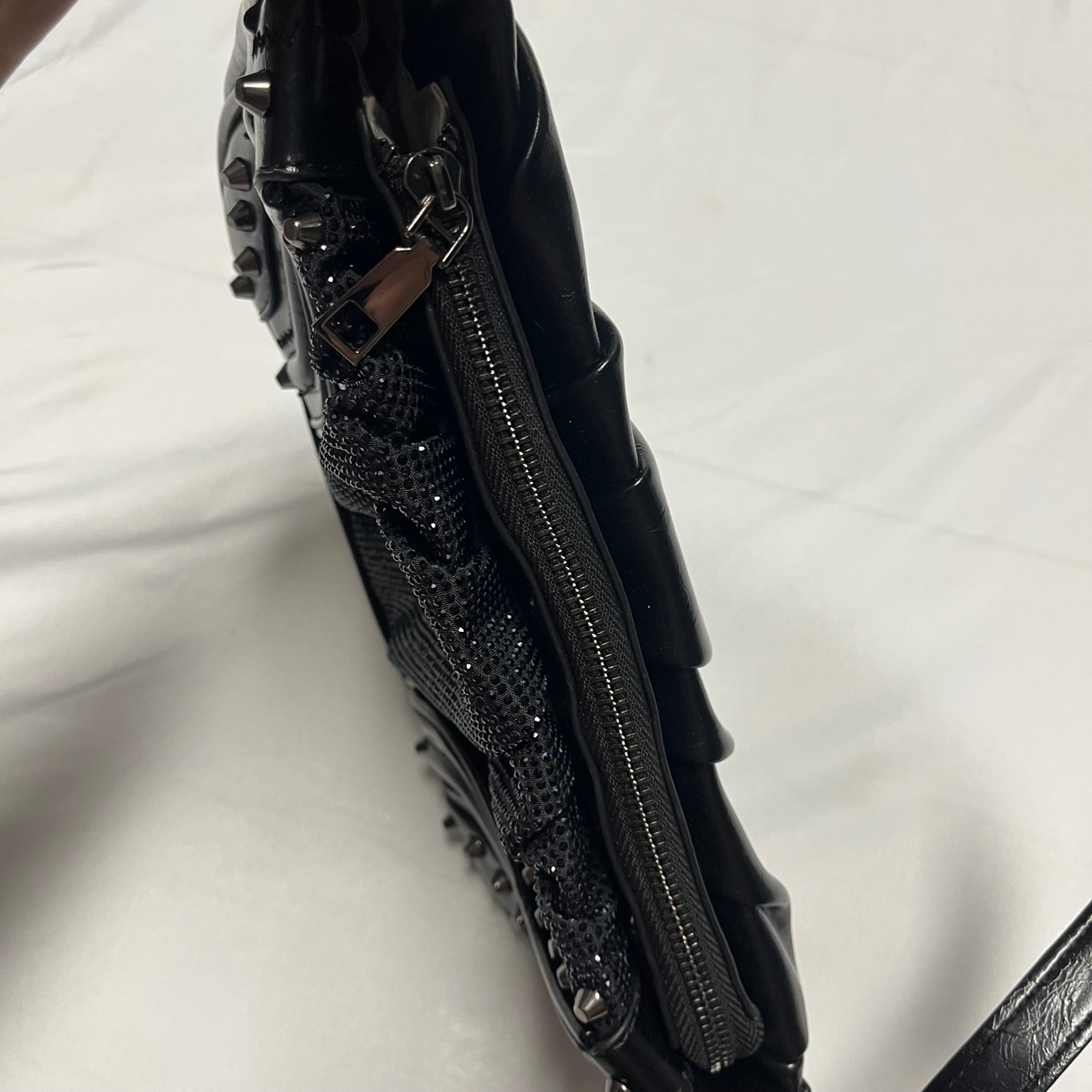 Fashion Nova Black Studded Rhinestone Moto Shoulder Bag
