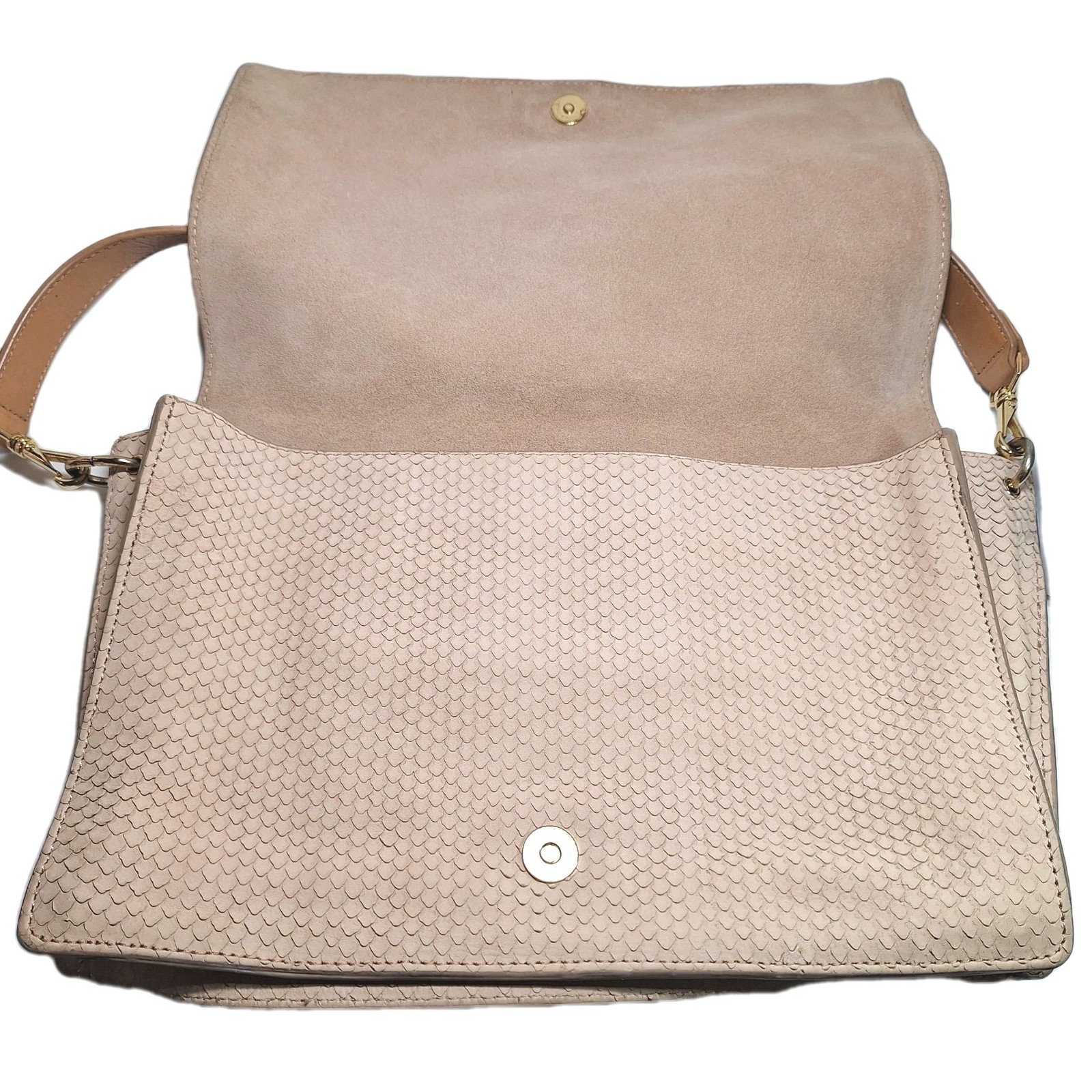 Etienne Aigner Suede Leather Fish Snake Scales Shoulder Handbag Light Taupe Tan