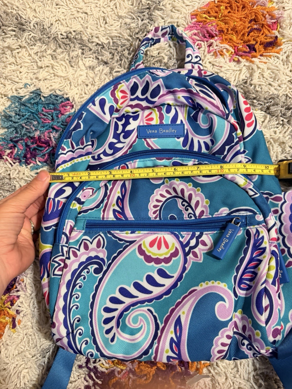 Vera Bradley Blue Multicolor Paisley Zip Small Backpack w/ Front Pocket Lined