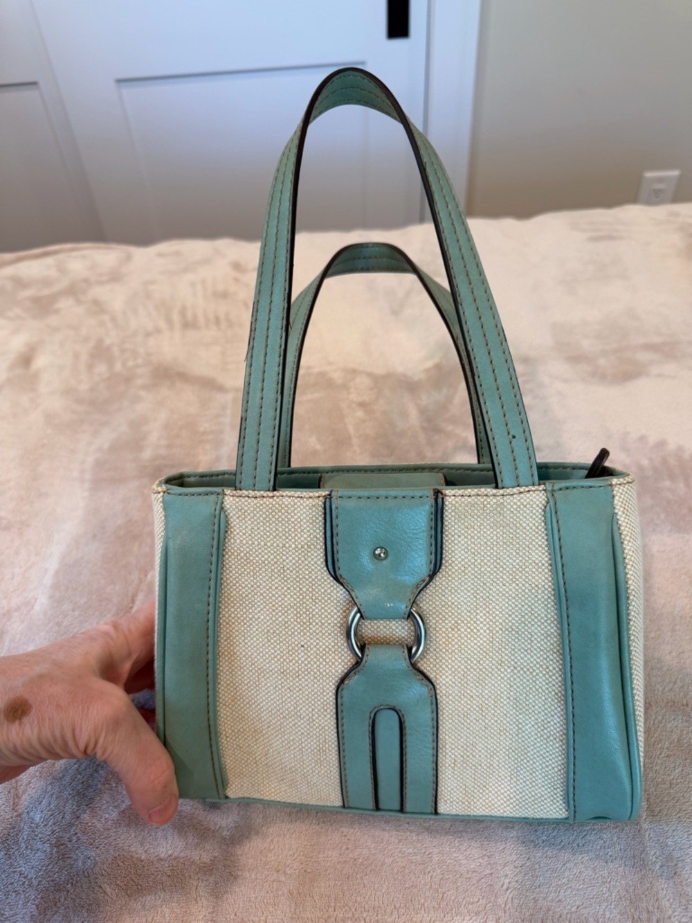 Vintage Etienne Aigner Mint Green and Cream Mini Tote