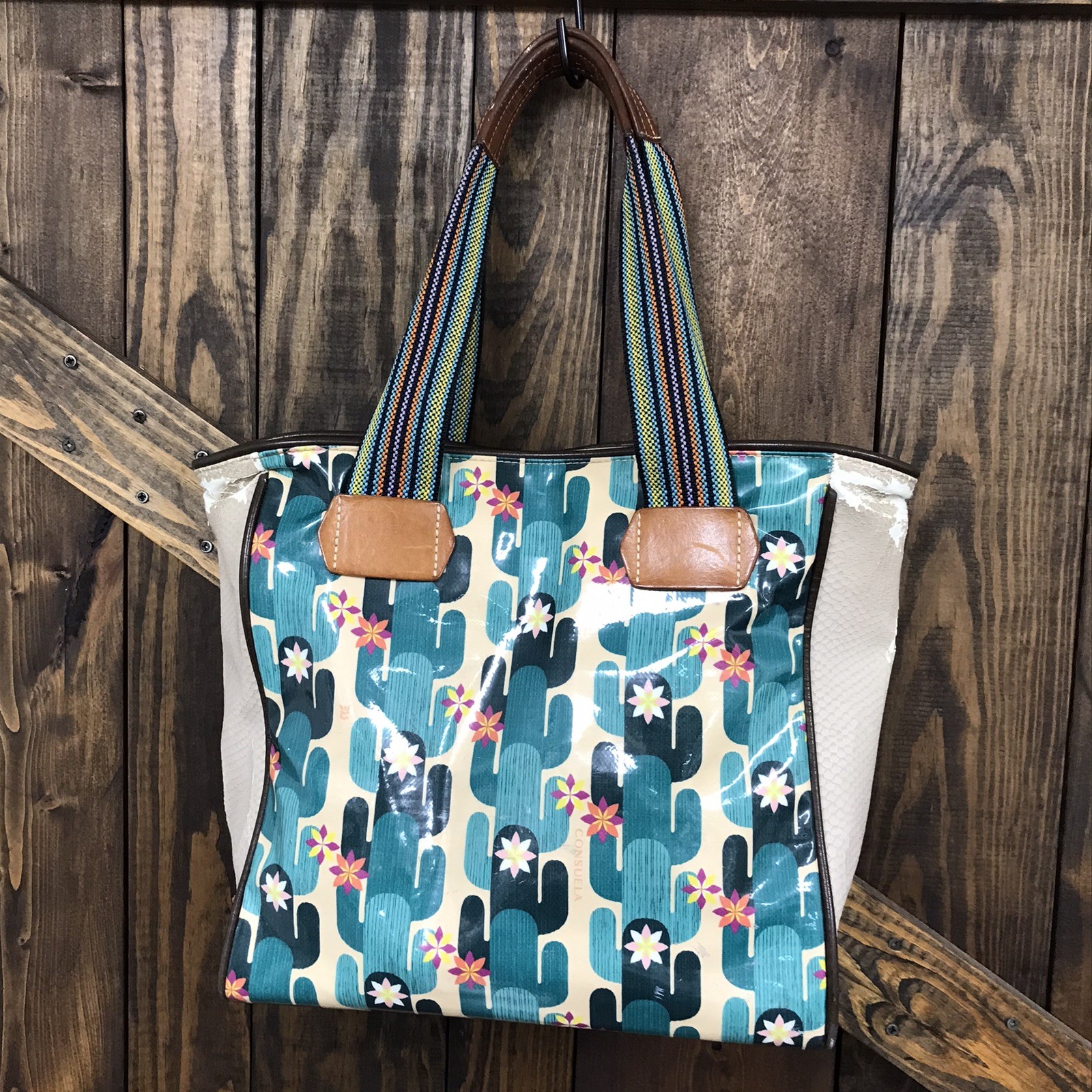Consuela Classic Tote Purse Blue Cactus Print 2 Handle Leather Trim Distressed