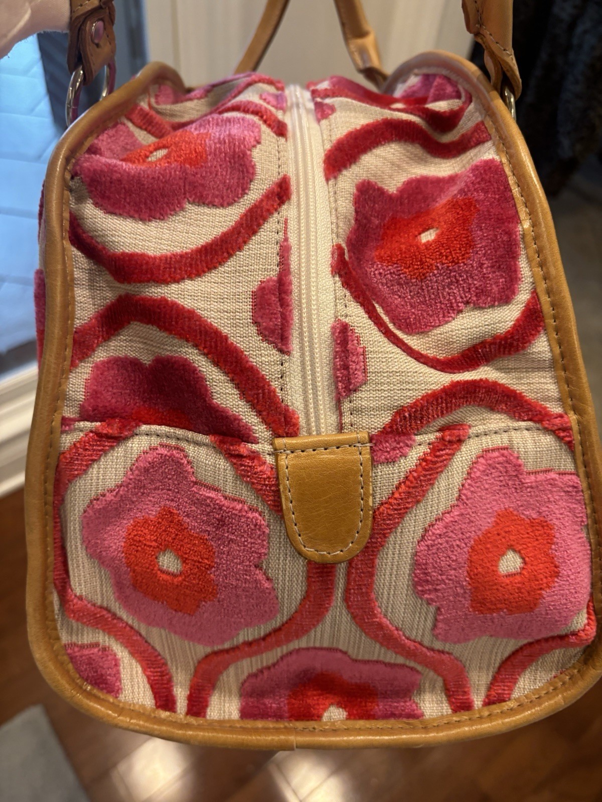 Glenda Gies “Poppi” Chenille Handbag Flower Power Designer Purse Coral Pink