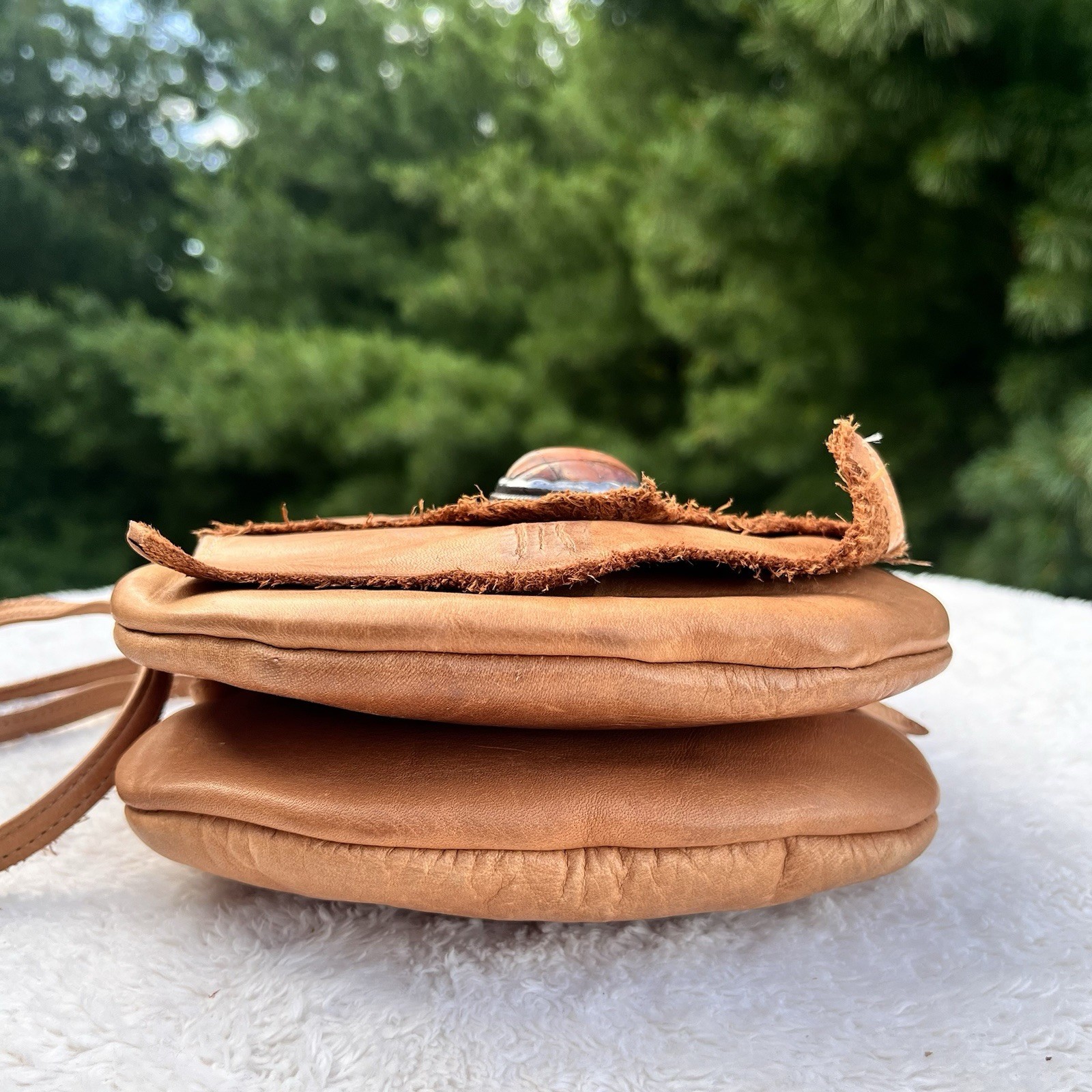 Ilze Heider Artisan-made Leather Crossbody Bag Tan Boho Western Flap Front Stone
