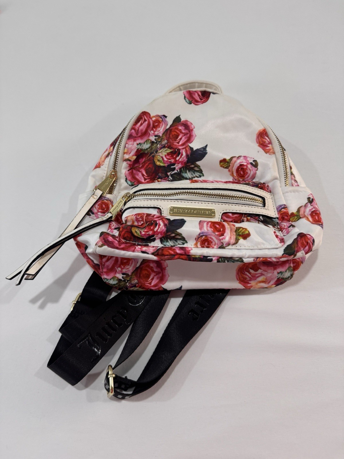 Juicy Couture Floral Mini Backpack White Satin Rose Print Gold Logo Bookbag Bag