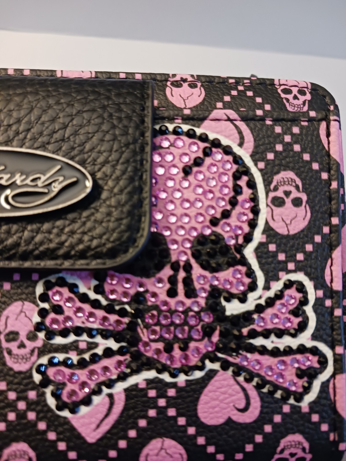 Ed Hardy DOUBLE Zip Crossbody Wristlet Wallet, Skull & Hearts Pink Black NWT