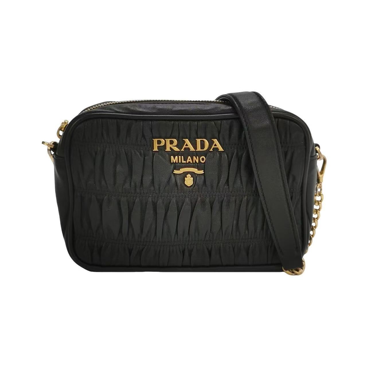 Authentic Prada Gaufre 18.5cm Black Ruched Leather Camera Bag 1BH131 Auth Gold