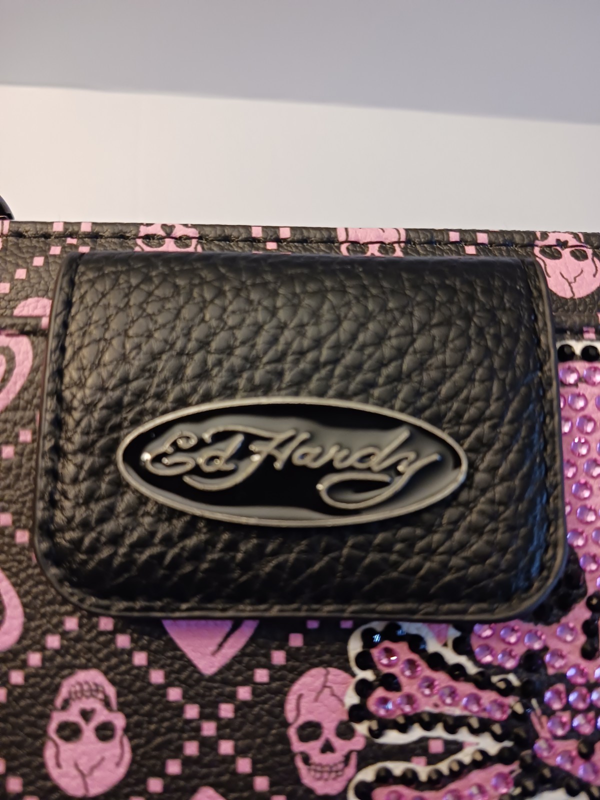 Ed Hardy DOUBLE Zip Crossbody Wristlet Wallet, Skull & Hearts Pink Black NWT