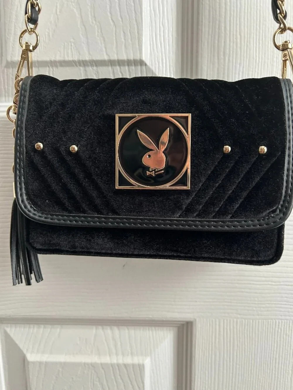 Playboy Black Velvet Quilted Crossbody Purse Gold Chain Tassel Shoulder Bag
