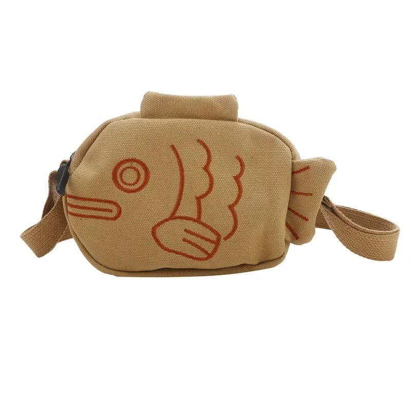 Fish Shape Canvas Messenger Bag Cute Embroidered Mini Crossbody Handbag