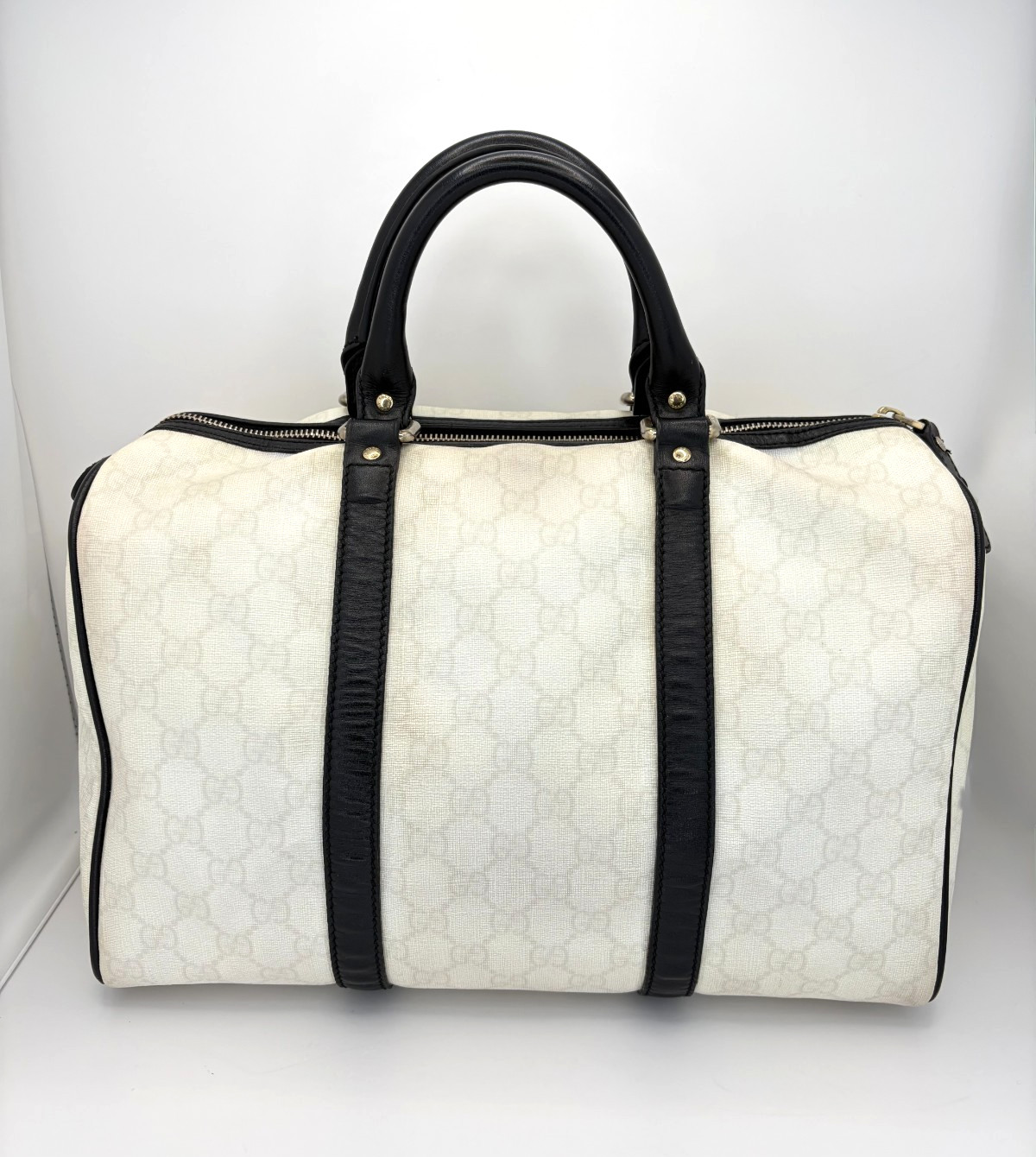 GUCCI Joy Boston Bag GG Supreme Medium White Canvas Satchel Black Leather Trim