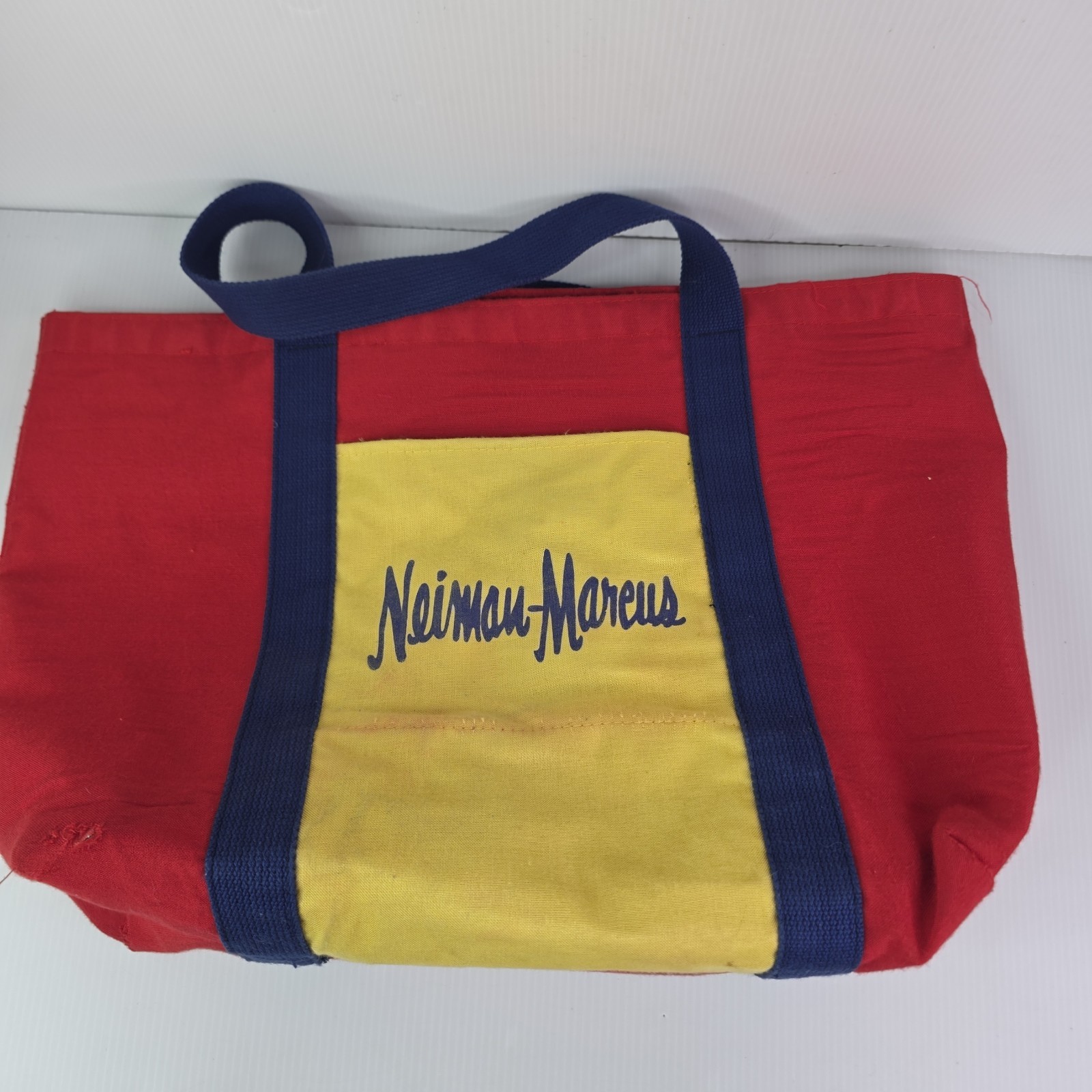 NEIMAN MARCUS Tote Bag Red Yellow Blue Straps Canvas 80’s Vintage