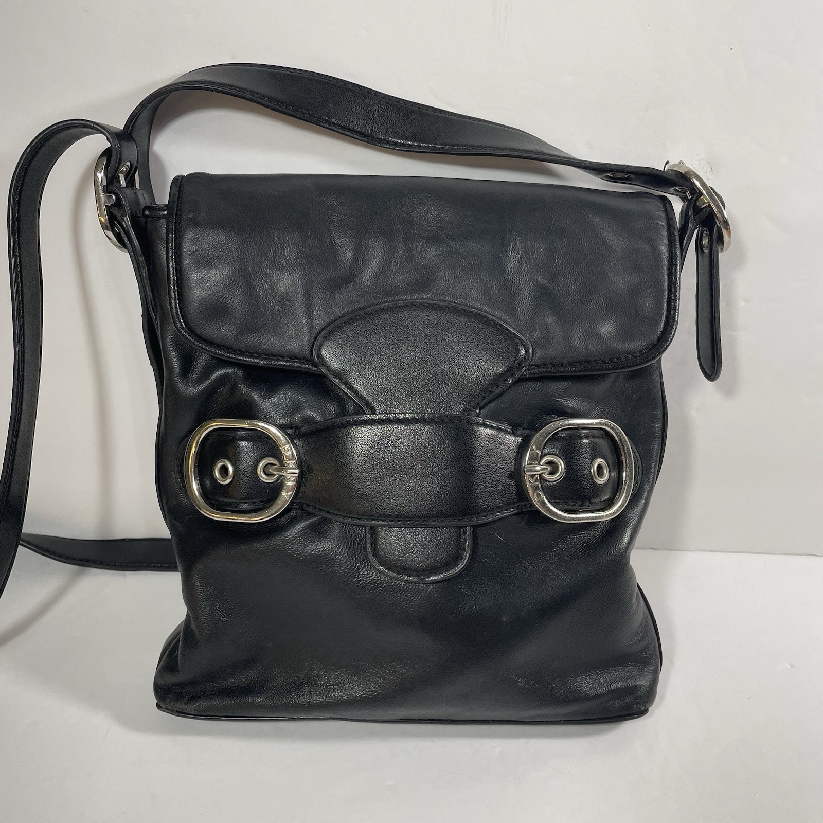 DKNY Black Soft Real Leather Crossbody Purse Bag 9.5×8.5×2 Inches
