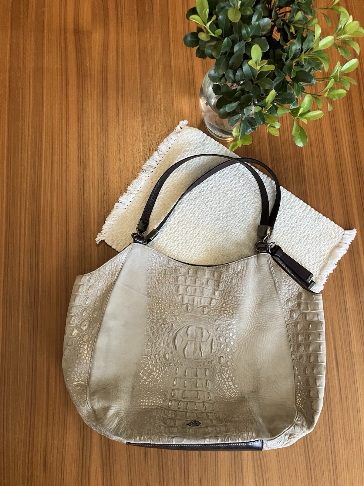 Brahmin Croc-Embossed Leather Shoulder Bag – Metallic Silver/Taupe