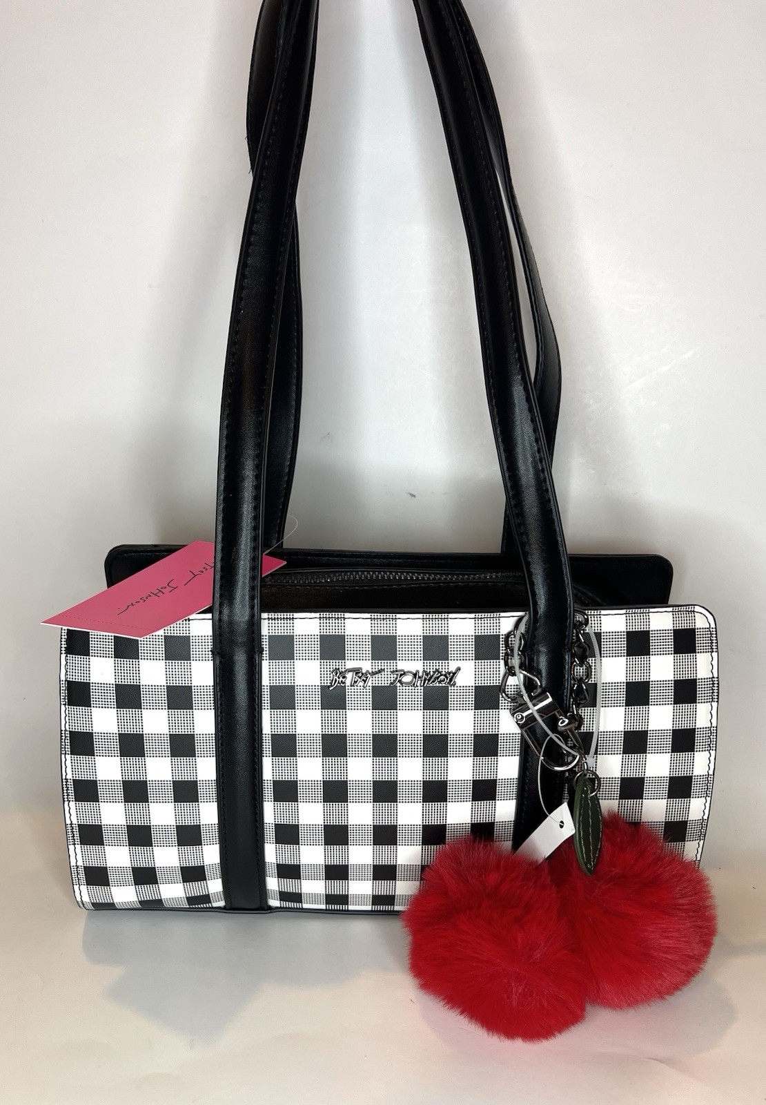 Betsey Johnson Handbag Shoulder Bag Black White Gingham Red Pom Pom’s Purse NWT