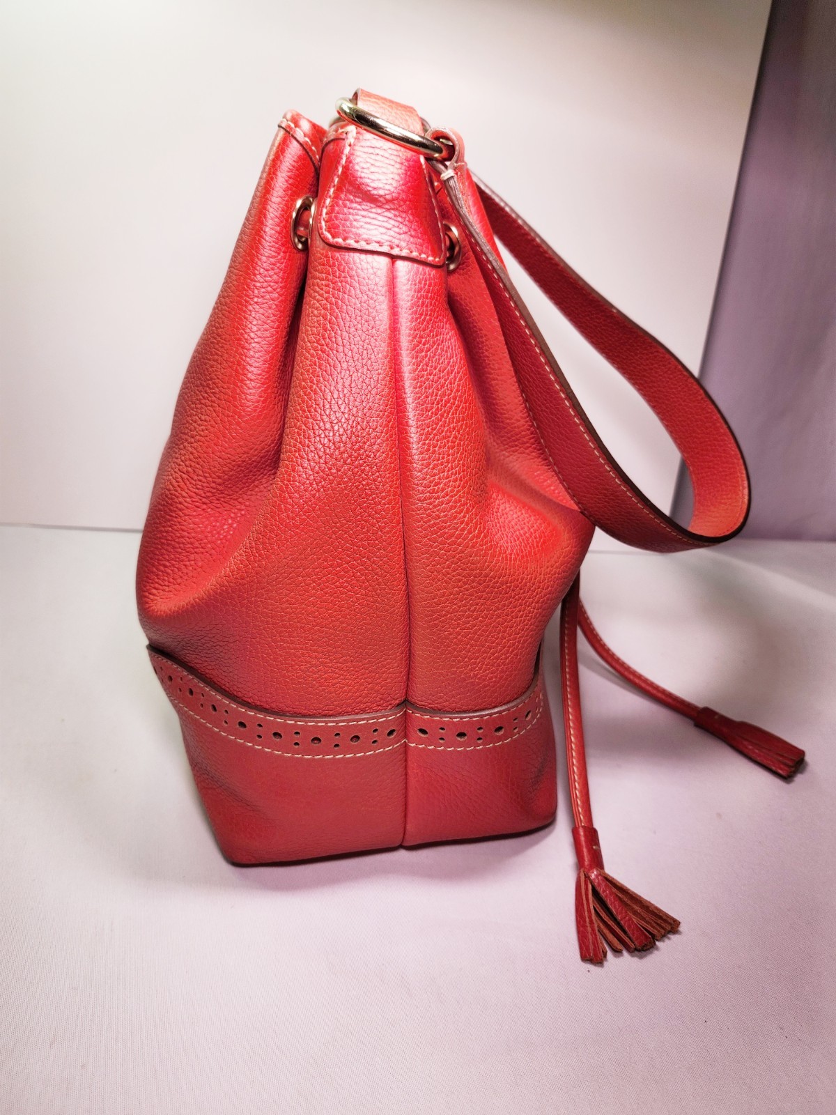 Dooney & Bourke Pebble Leather Red Tassel Satchel • Raised Button Logo J7343515