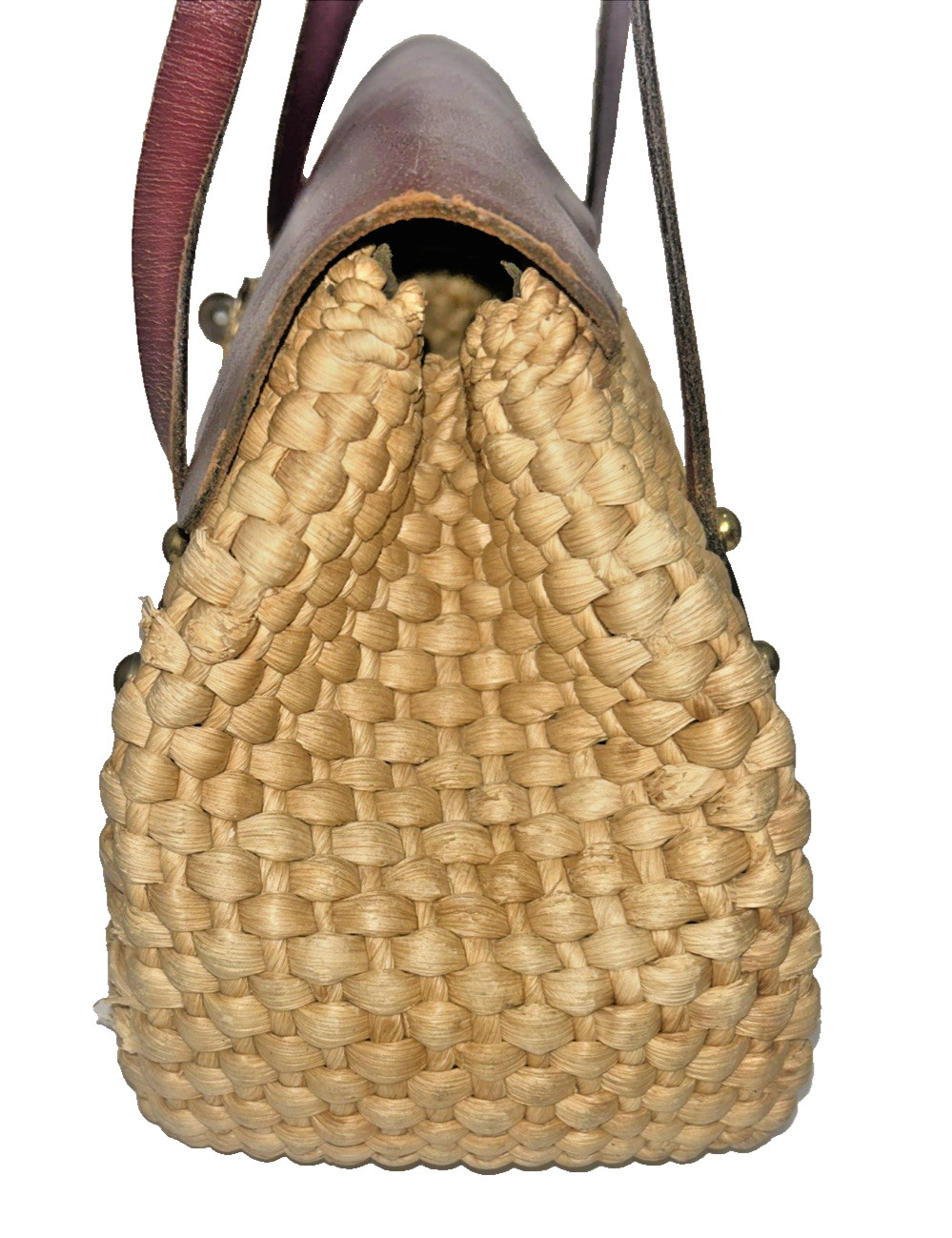 Vintage Handbag Woven Straw Rattan Leather Satchel 60s70s Cottagecore