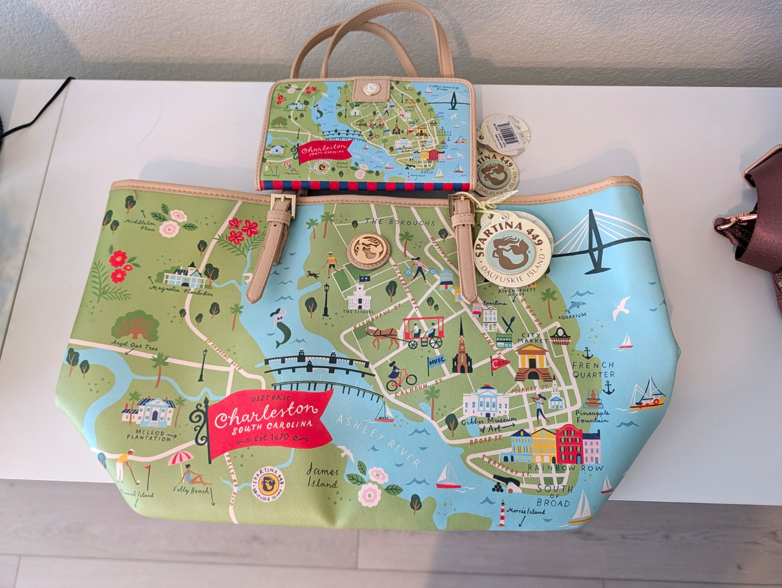 Spartina 449 Charleston Map Print Tote Bag w/ Pouch, Inner Pockets, Women’s