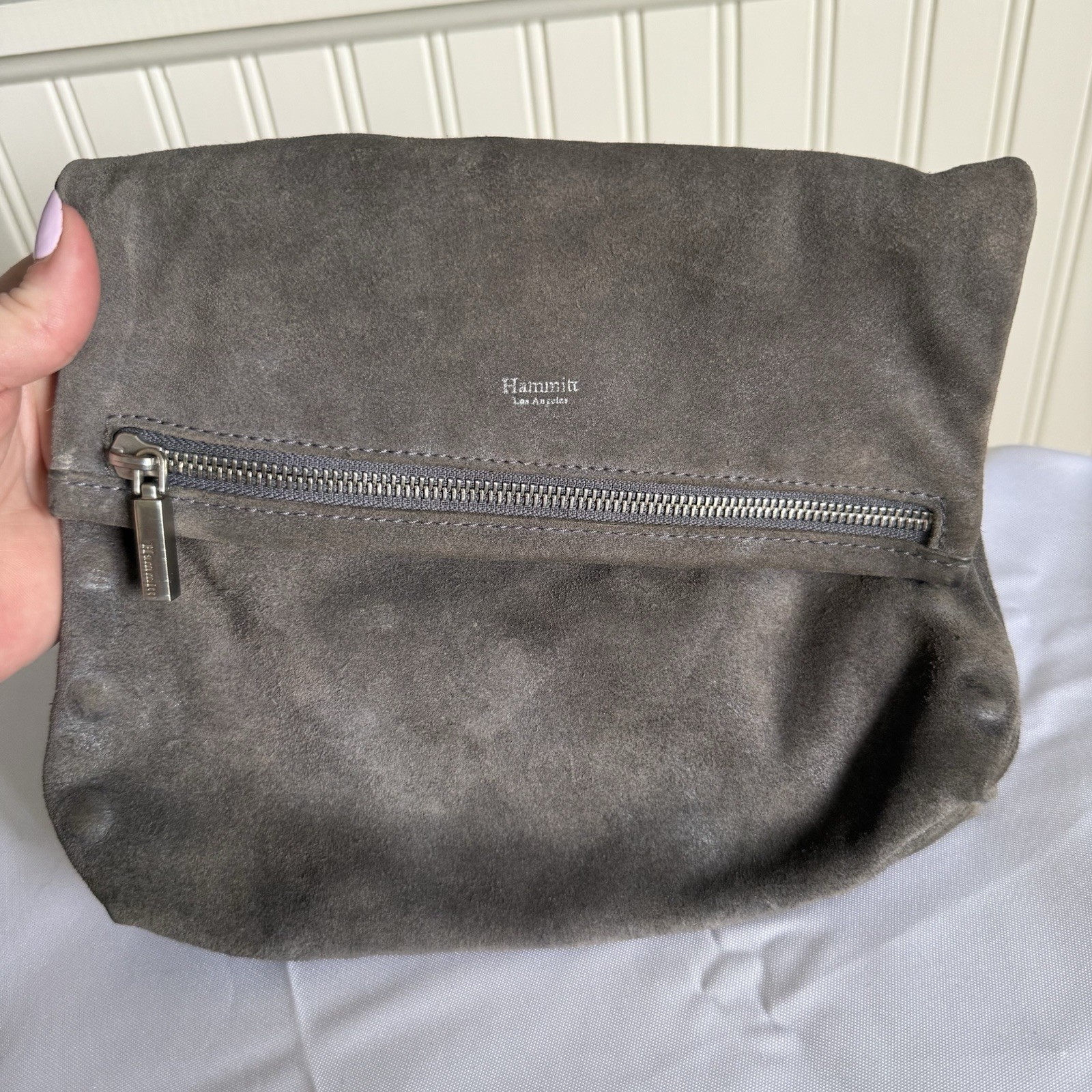 Hammitt VIP Medium Gray Brushed Leather Fold Over Crossbody Bag Clutch Purse