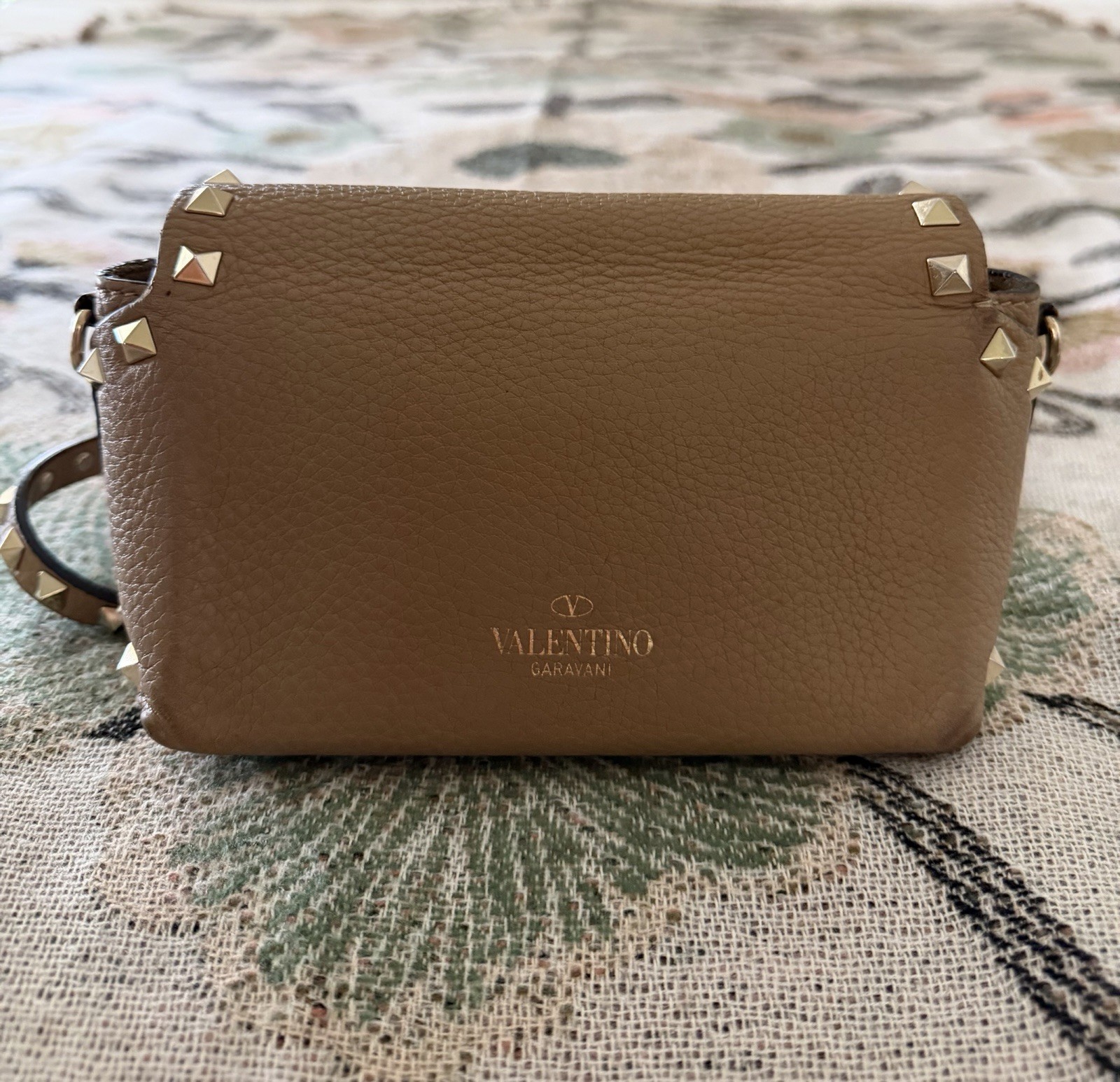 Valentino Garavani Studded Taupe Small Crossbody, Detachable Strap, Gold