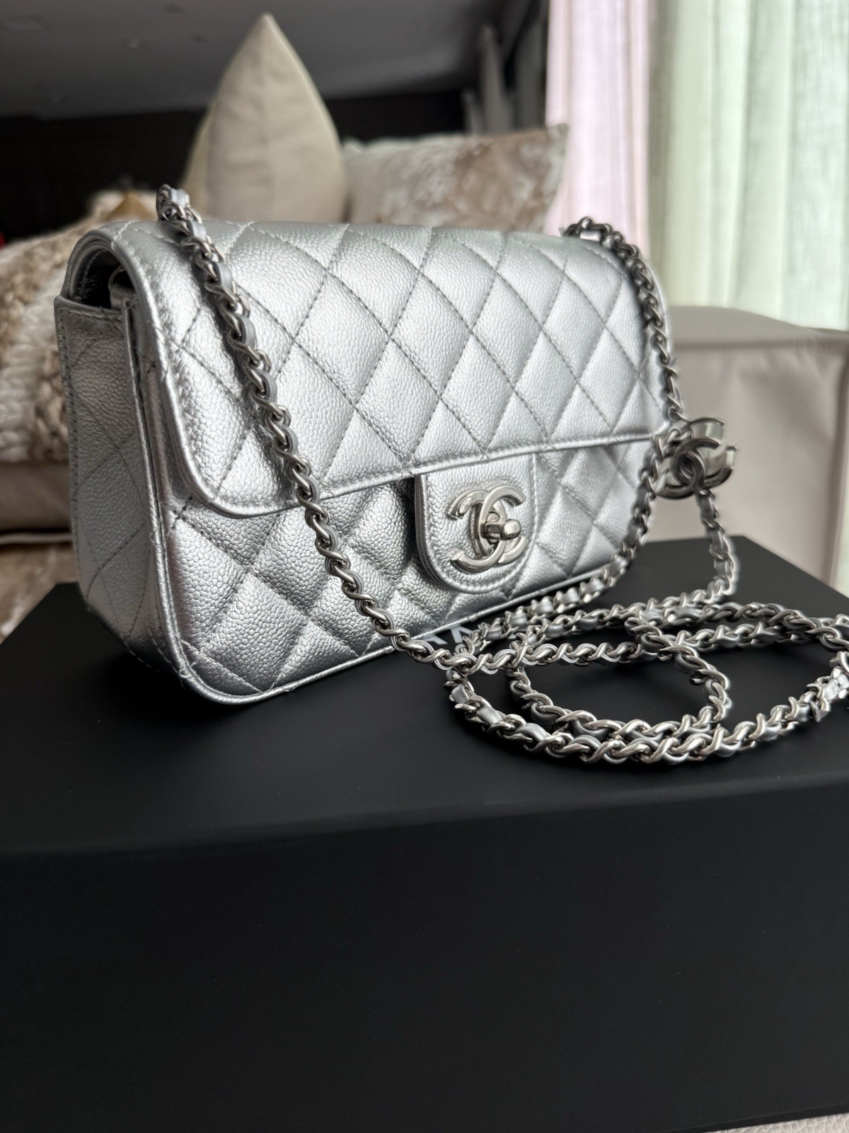Chanel Mini CF Silver Caviar Skin Shoulder Bag