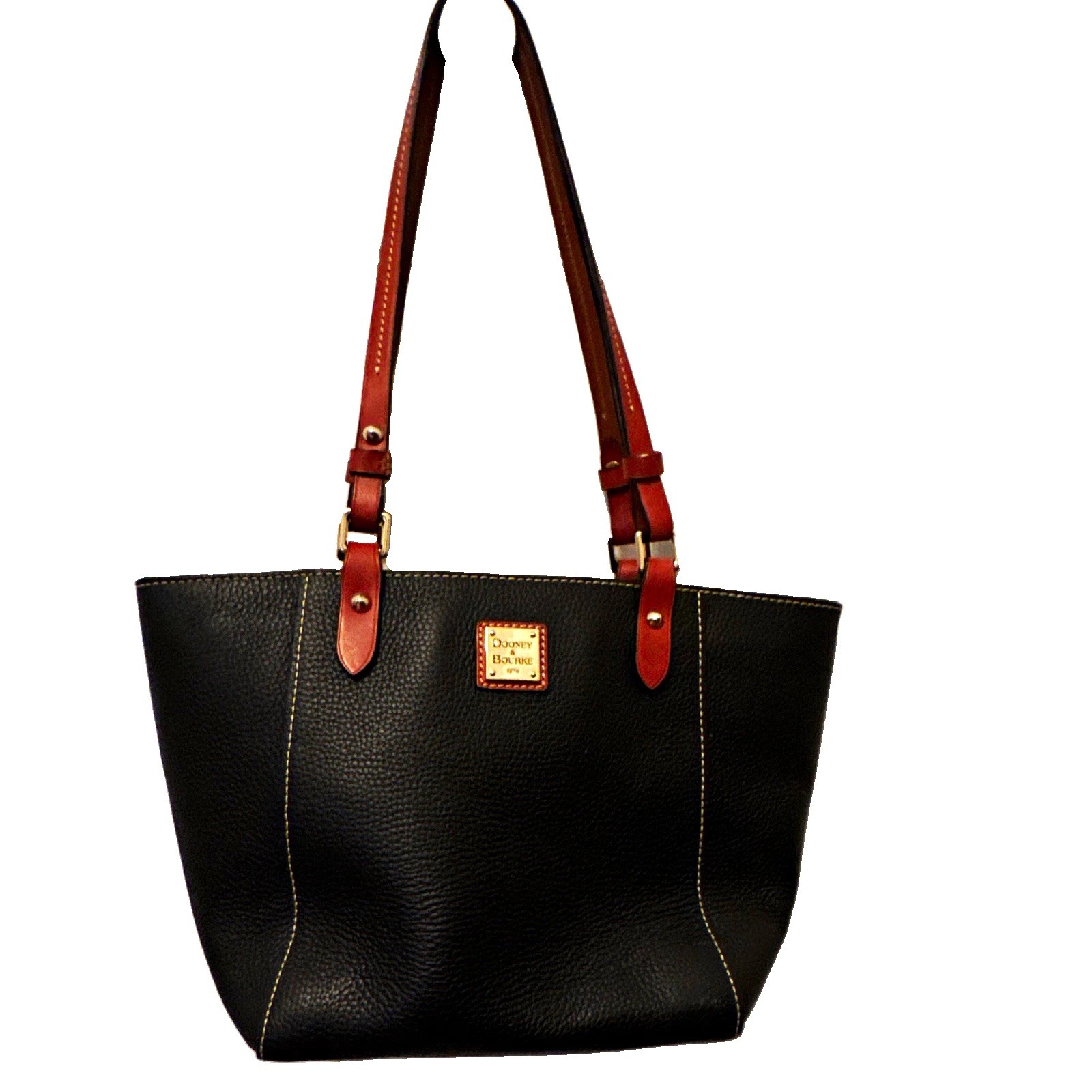 Dooney & Bourke Black Pebbled Zip Tote, Red Lining, Pockets, Gold Hardware