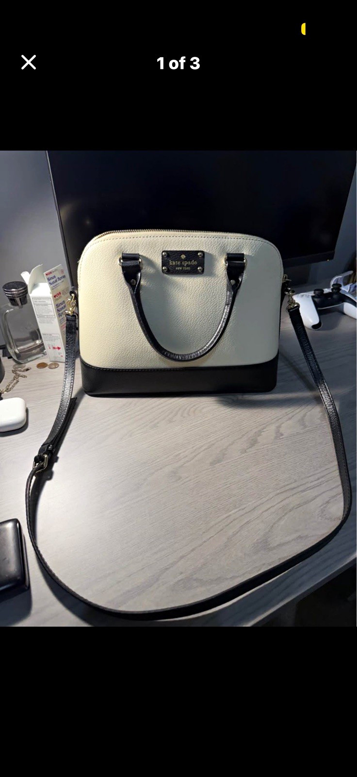 kate spade new york Two-Tone Beige/Black Satchel Zip, Detachable Strap