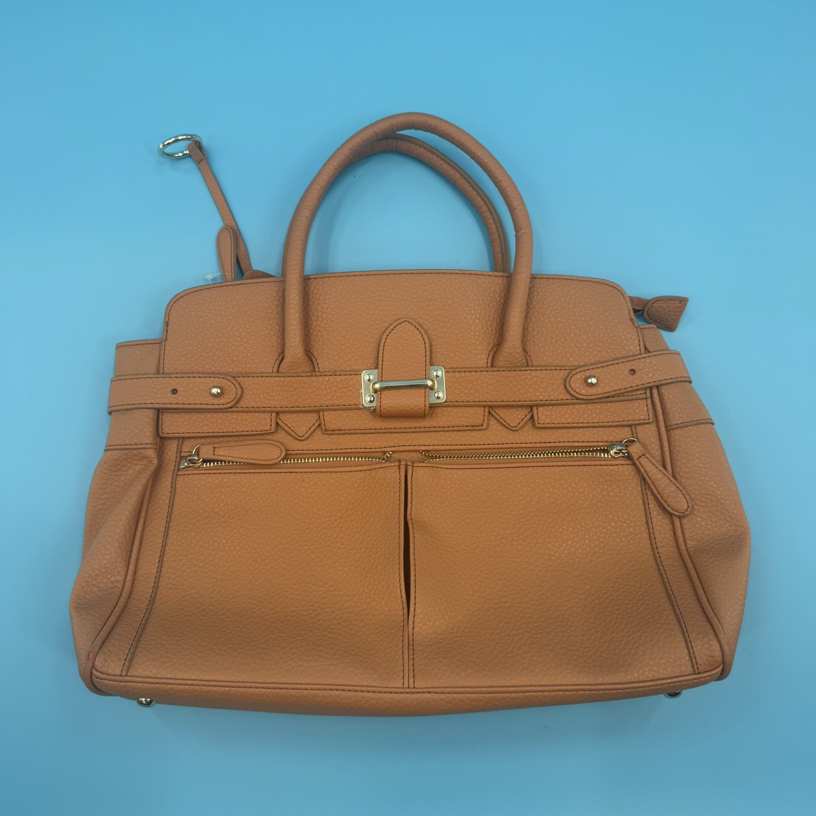 JustFab Tan Faux Leather Satchel Handbag Structured Tote Purse