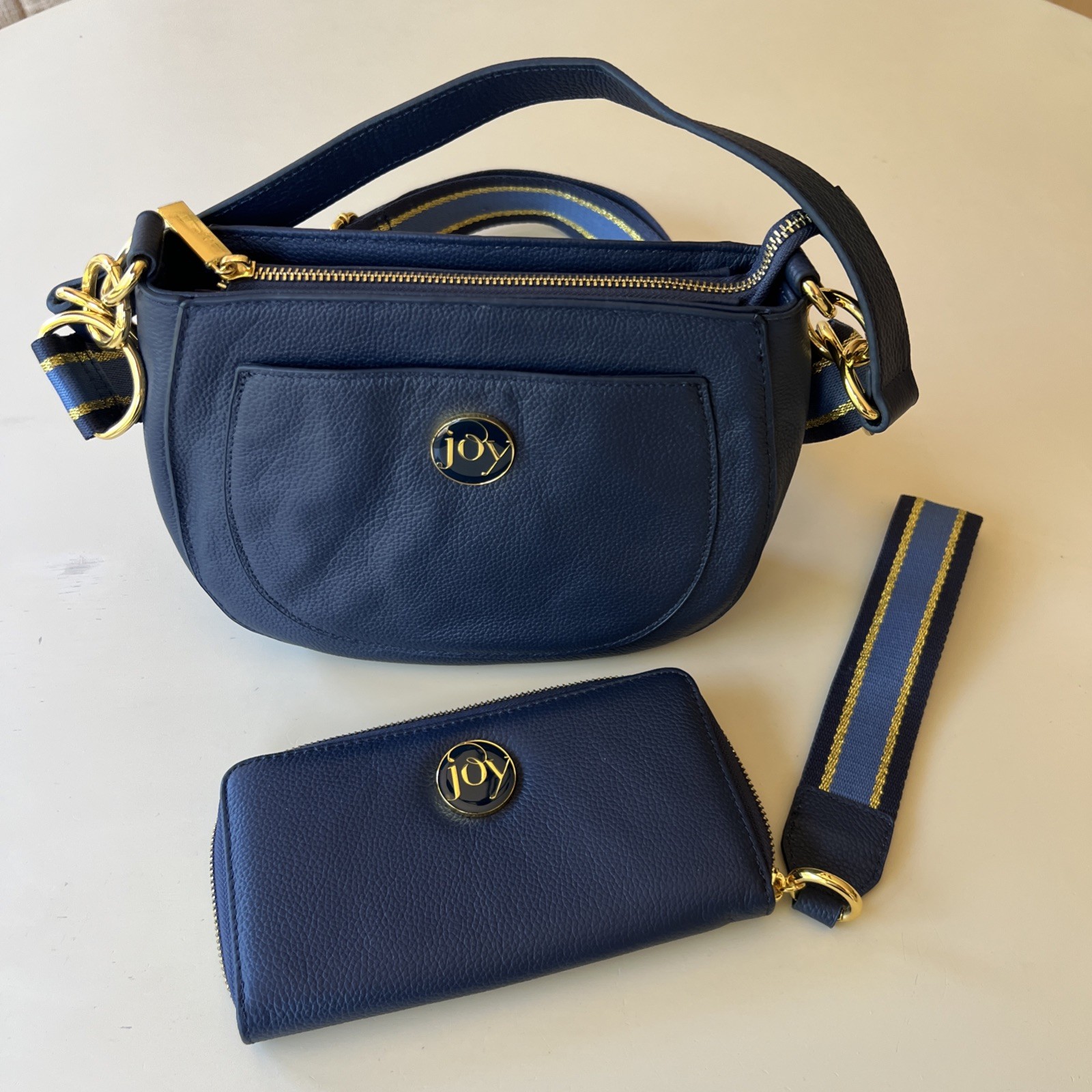 JOY Chic Leather Crossbody Shoulder Bag Navy Blue And Matching Wallet