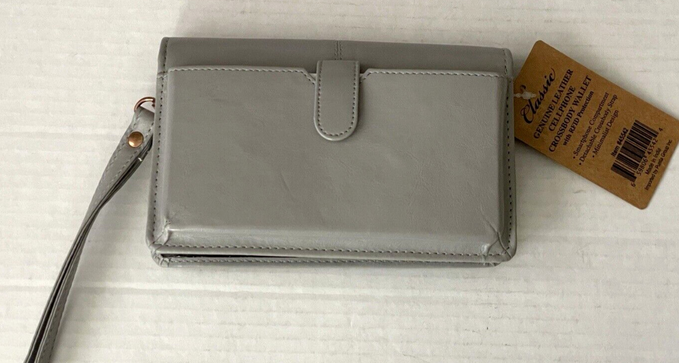 Carnation Crown Gray Leather Crossbody Wallet RFID Wristlet Cellphone Purse NWT