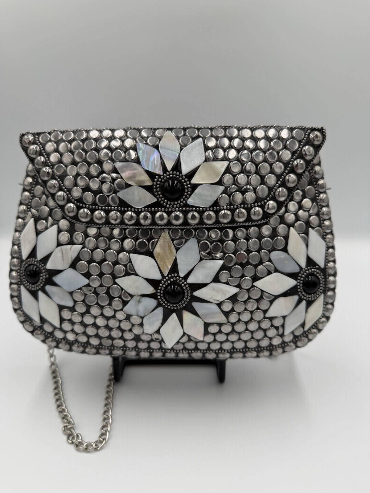 Antik Kraft Amoli Clutch In A Silver Mosaic Design Featuring Mother-of-Pearl