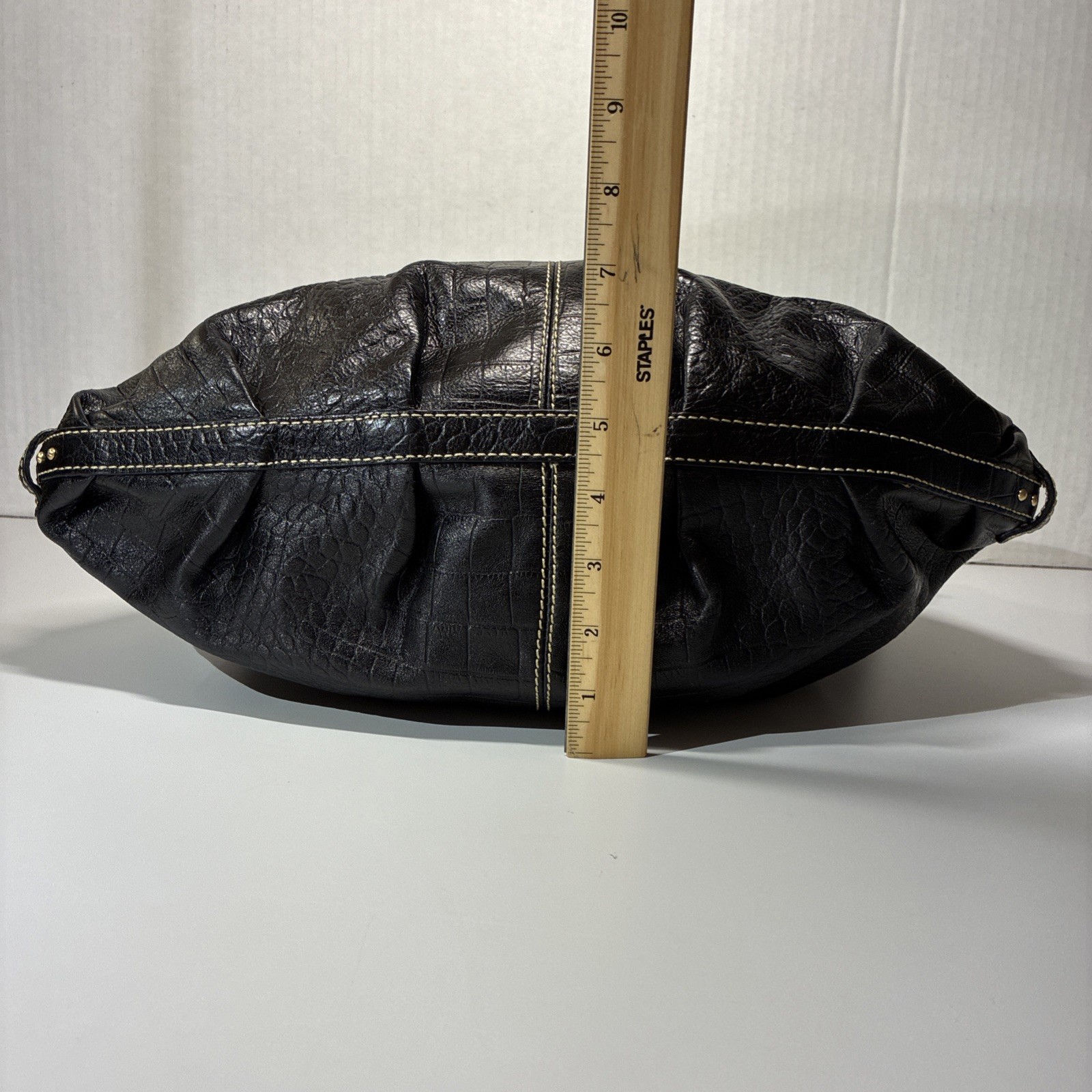 Maxx New York Black Leather Croc Slouchy Chunky Hardware Studded Shoulder Bag
