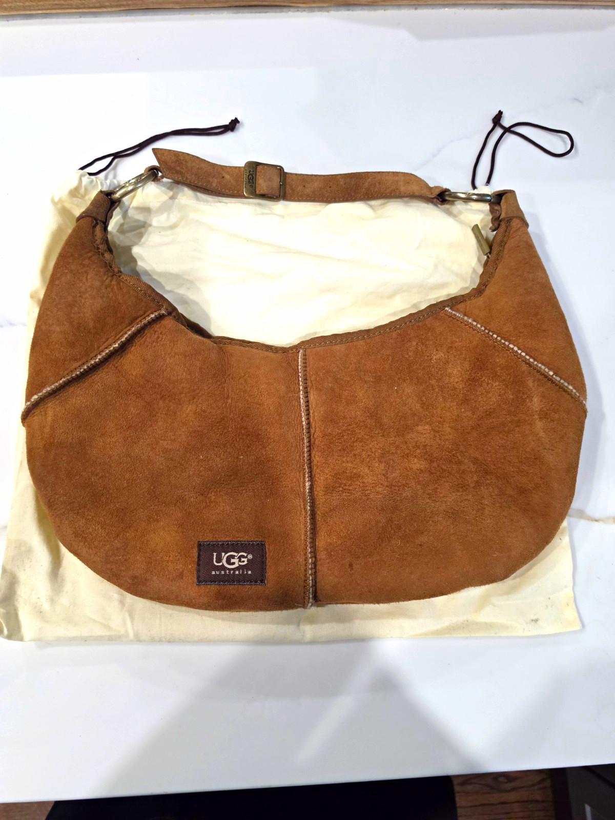 UGG Australia Brown Hobo Shoulder Bag Crescent Sheepskin Lined Silver + Dust Bag