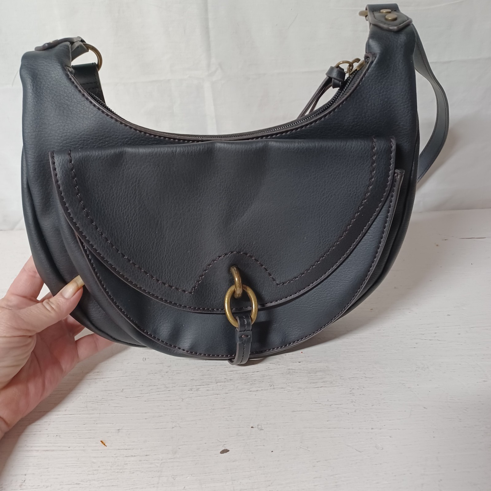 A New Day Black Shoulder Purse 3/4 Moon Handbag 72848-5 Adjustable Strap New