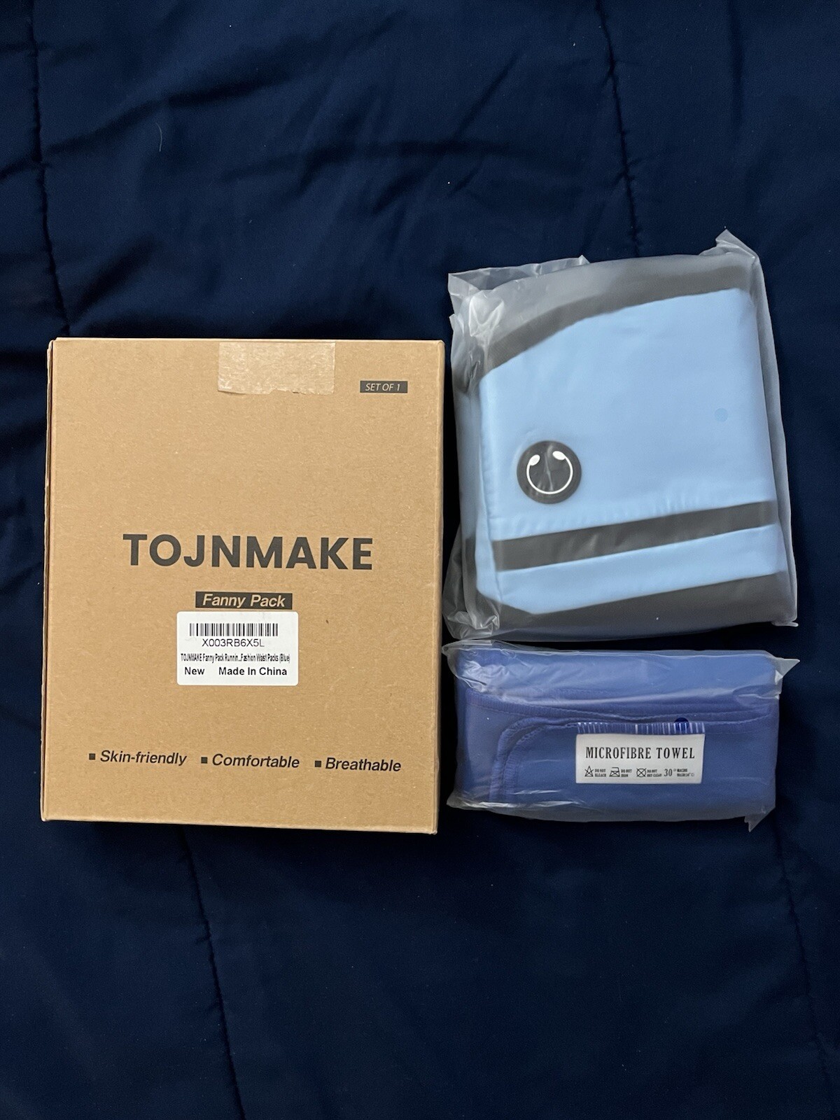 TOJNMAKE Blue Running Belt Fanny Pack Waterproof NEW IN BOX w/ microfibre towel