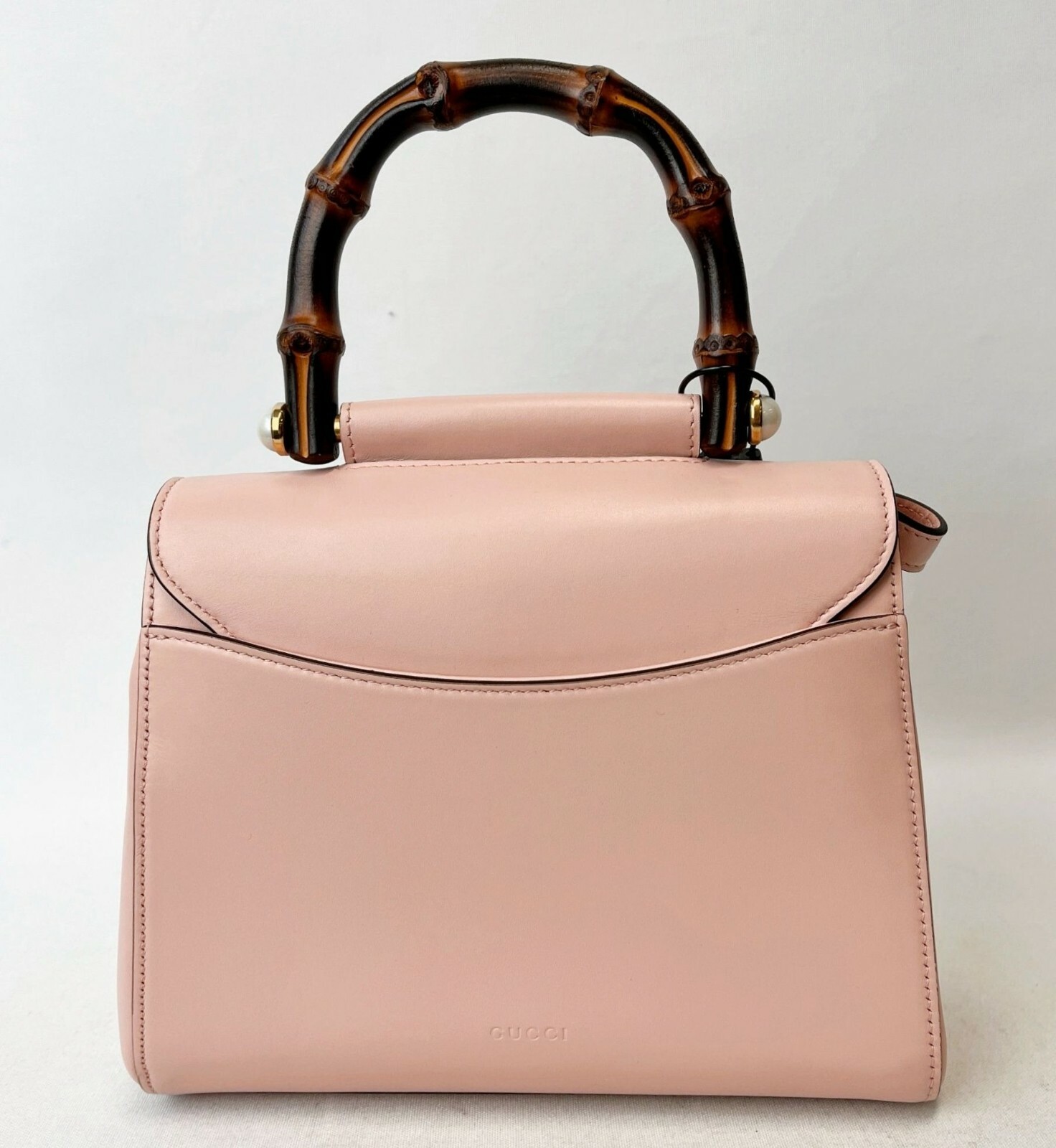 NEW GUCCI 2 Way Bamboo Handle Pink Satchel Pearl Studded Leather Shoulder Bag