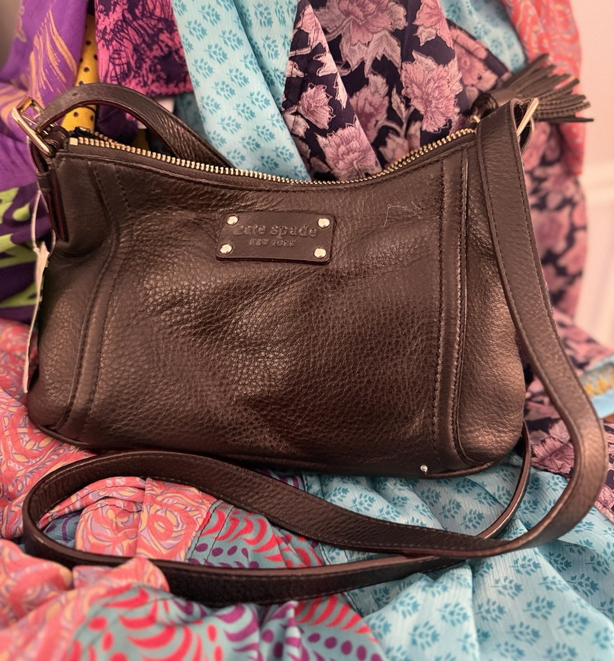 kate spade new york Black Pebbled Medium Crescent Shoulder Bag Zip Tassel Lined