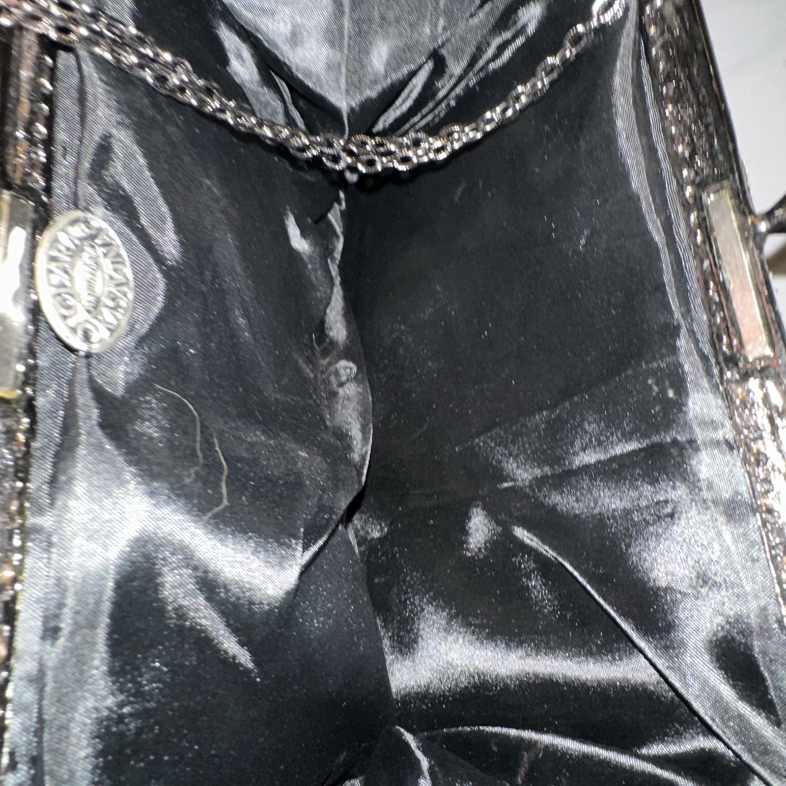 Vintage Clara Kasavina Crystal Embellished Clutch Chain Strap Blk Exotic Leather
