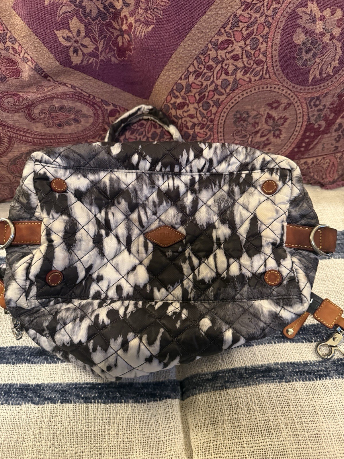 MZ WALLACE SUTTON TOTE HANDBAG Tie-Dye BLACK & WHITE WAVE QUILTED PUFFY NYLON