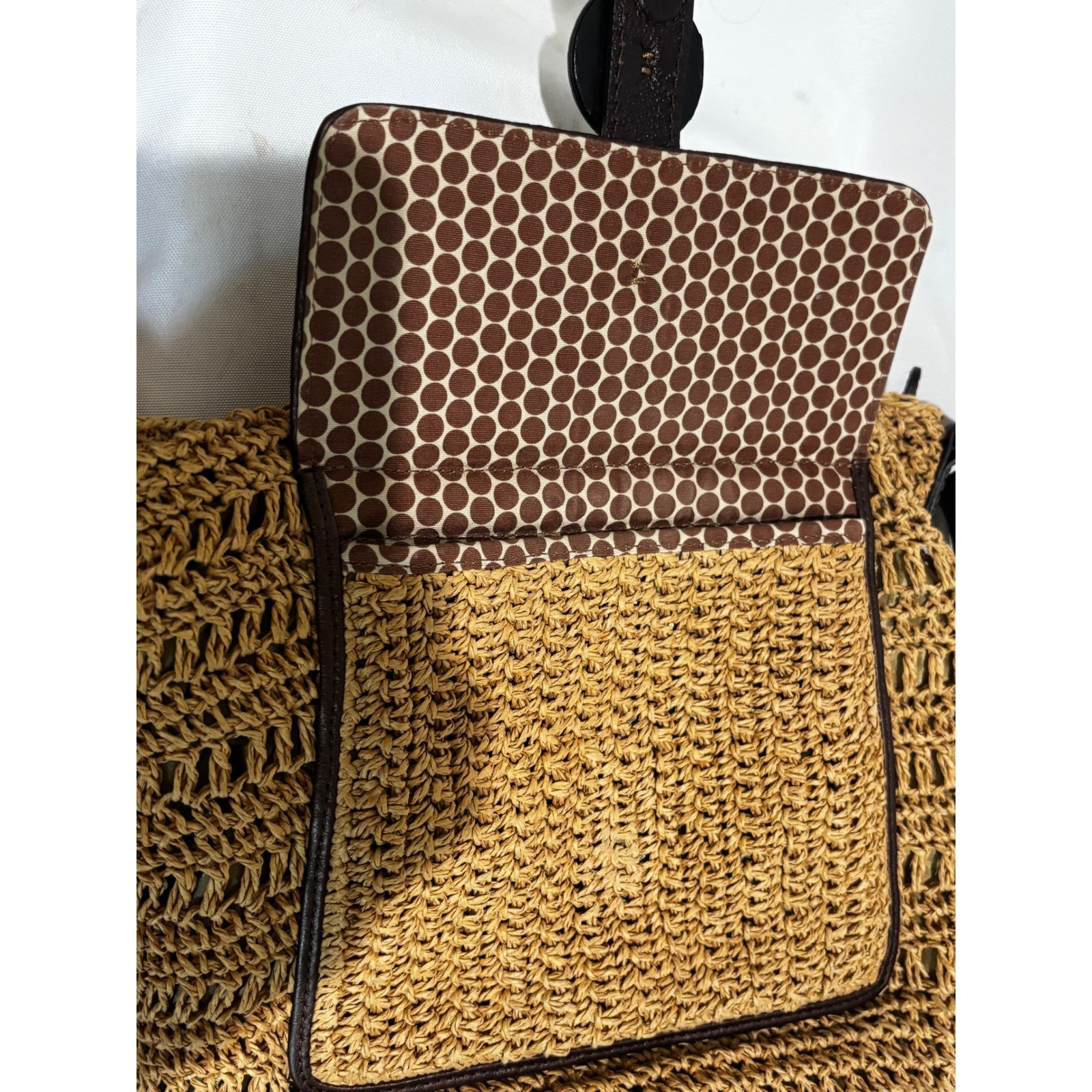 Brighton Woven Raffia Straw Crossbody purse Bag Tan Wood Buttons Heart Logo boho